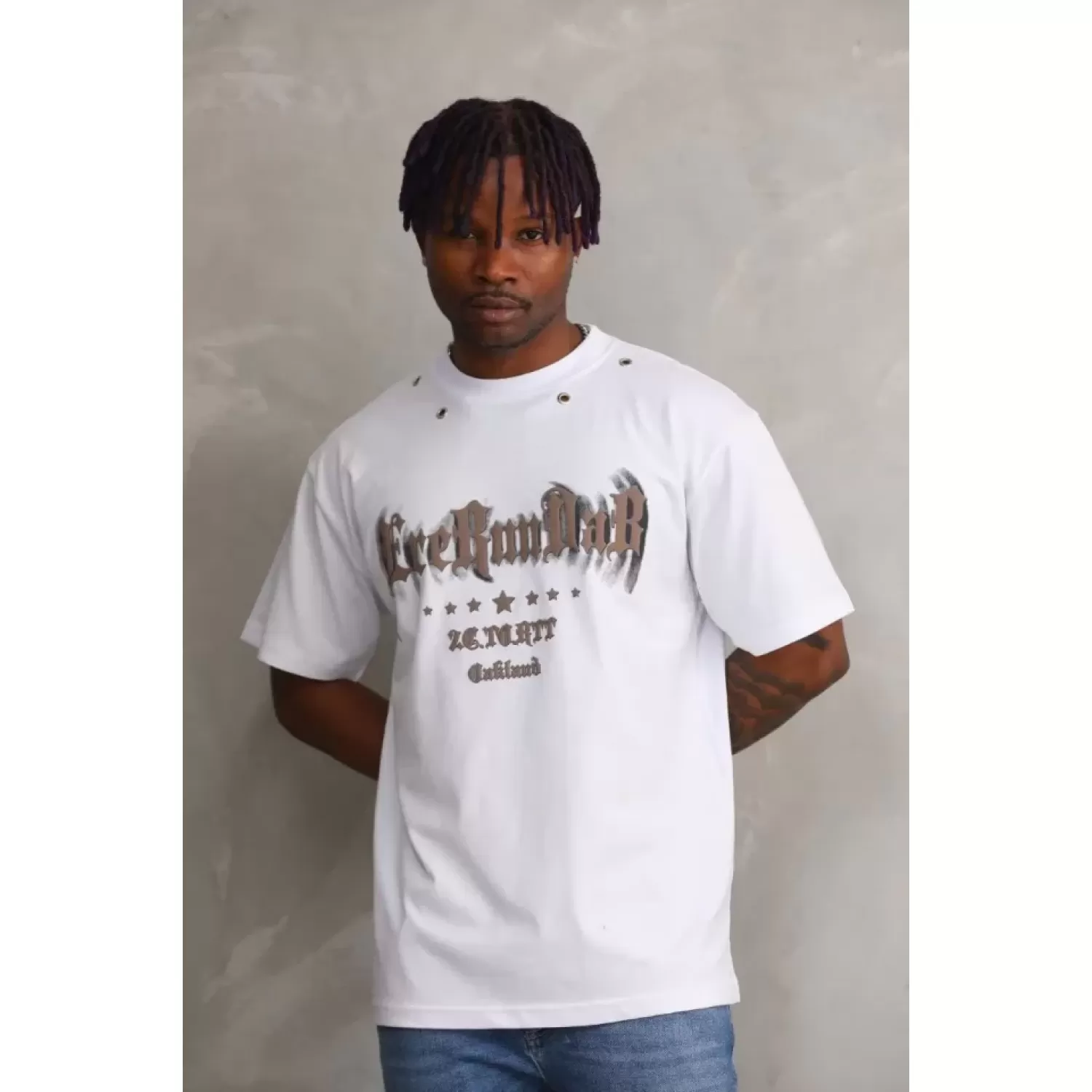 Unisex Kuşgözü Detaylı Baskılı Oversize T-Shirt - Beyaz