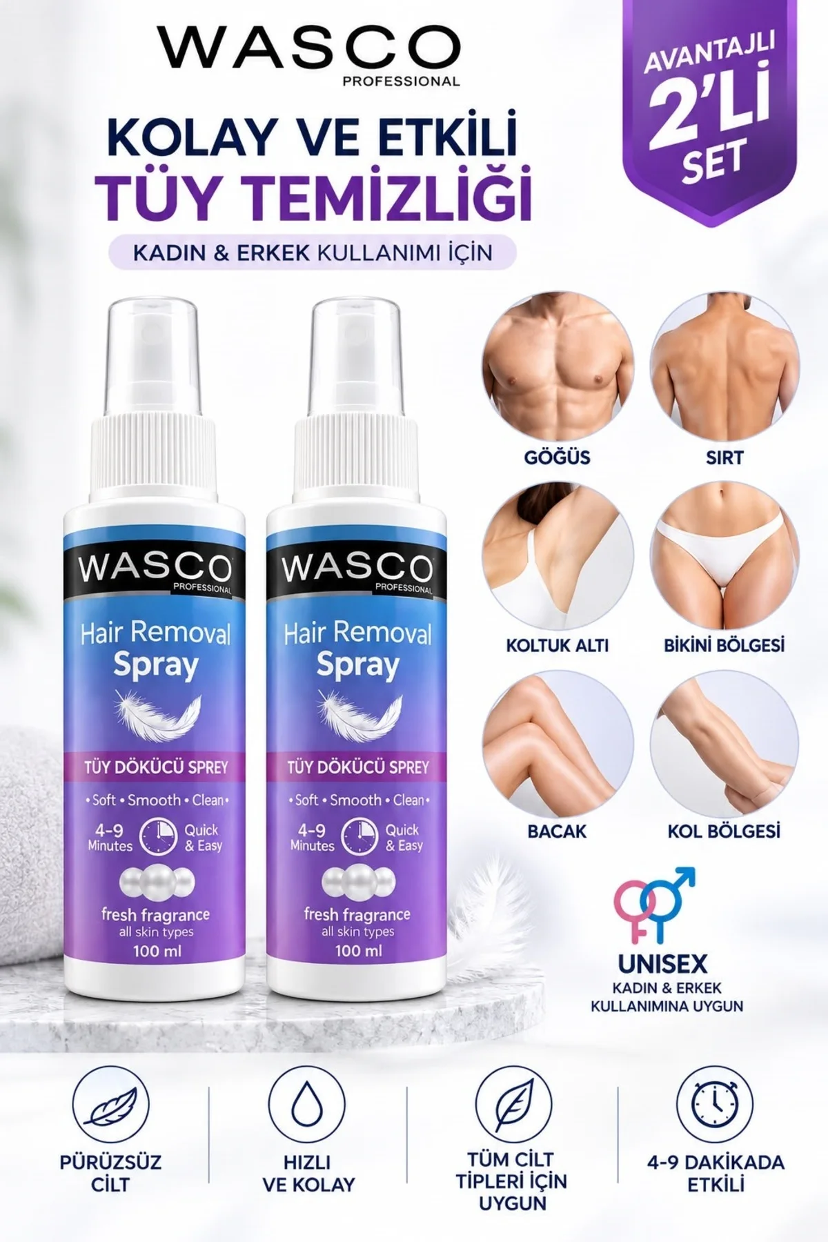 Unisex Lazer Etkili Tüy Dökücü Sprey 3 x 100 ml - Tüm Cilt Tipleri için