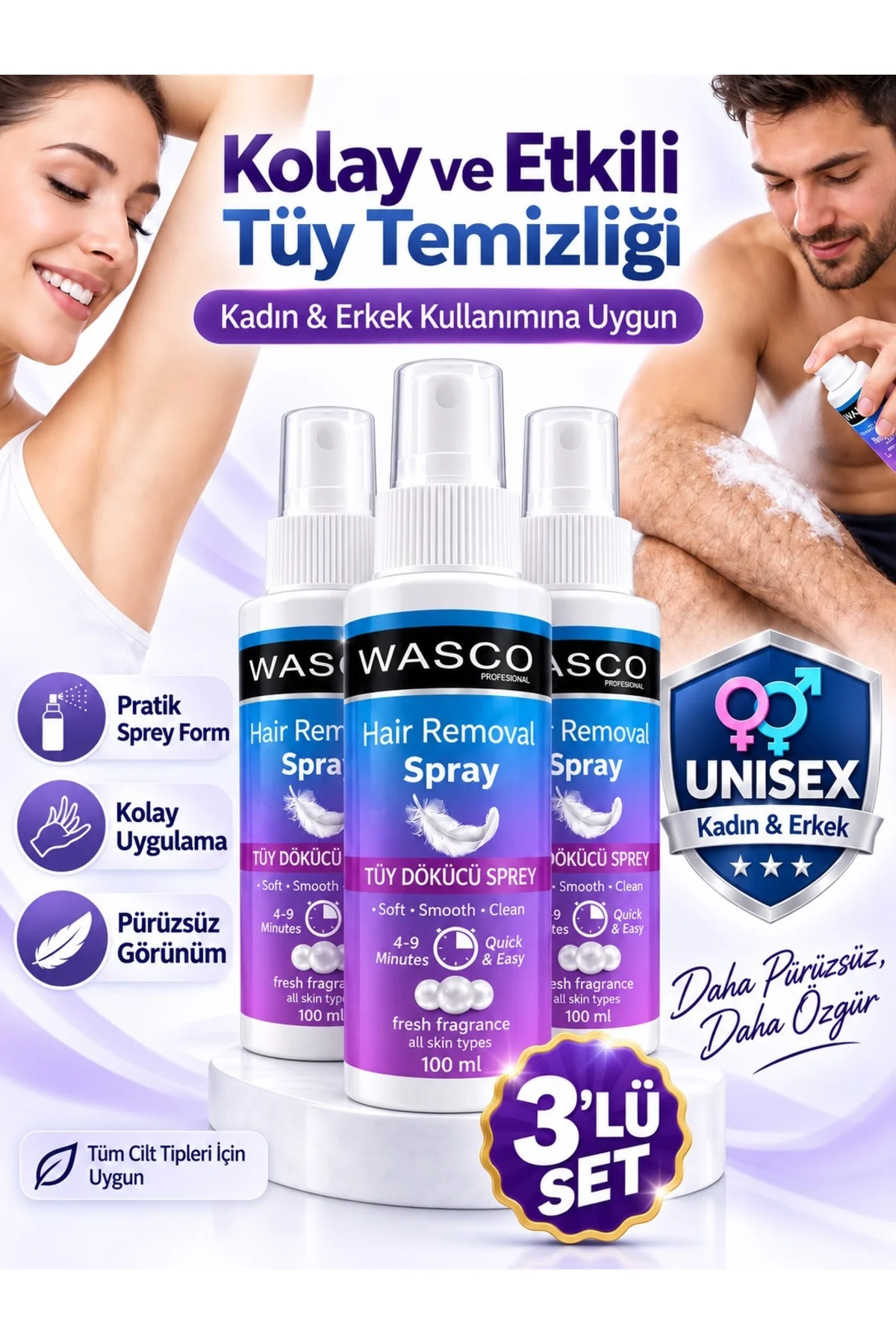 Unisex Lazer Etkili Tüy Dökücü Sprey 3 x 100 ml - Tüm Cilt Tipleri için