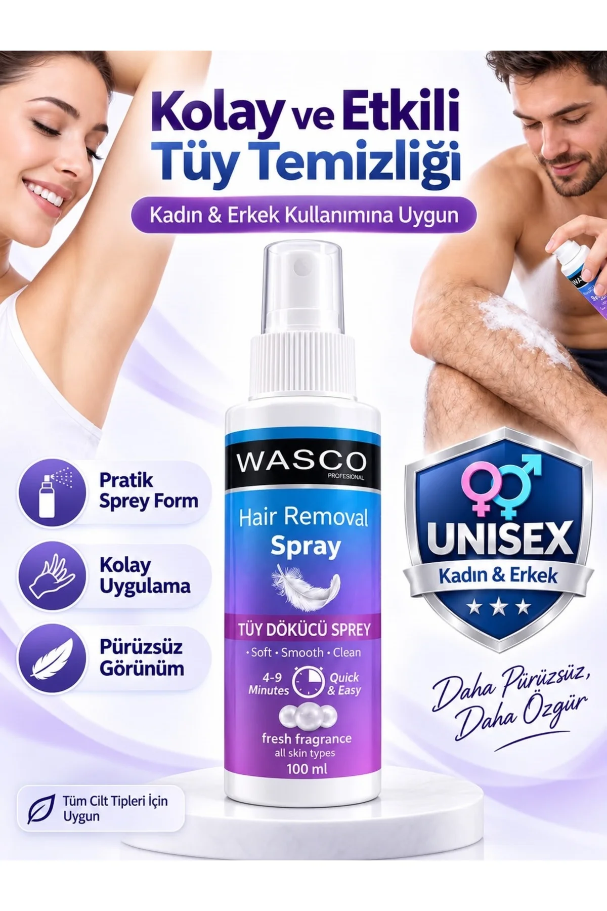 Unisex Lazer Etkili Tüy Dökücü Sprey 3 x 100 ml - Tüm Cilt Tipleri için