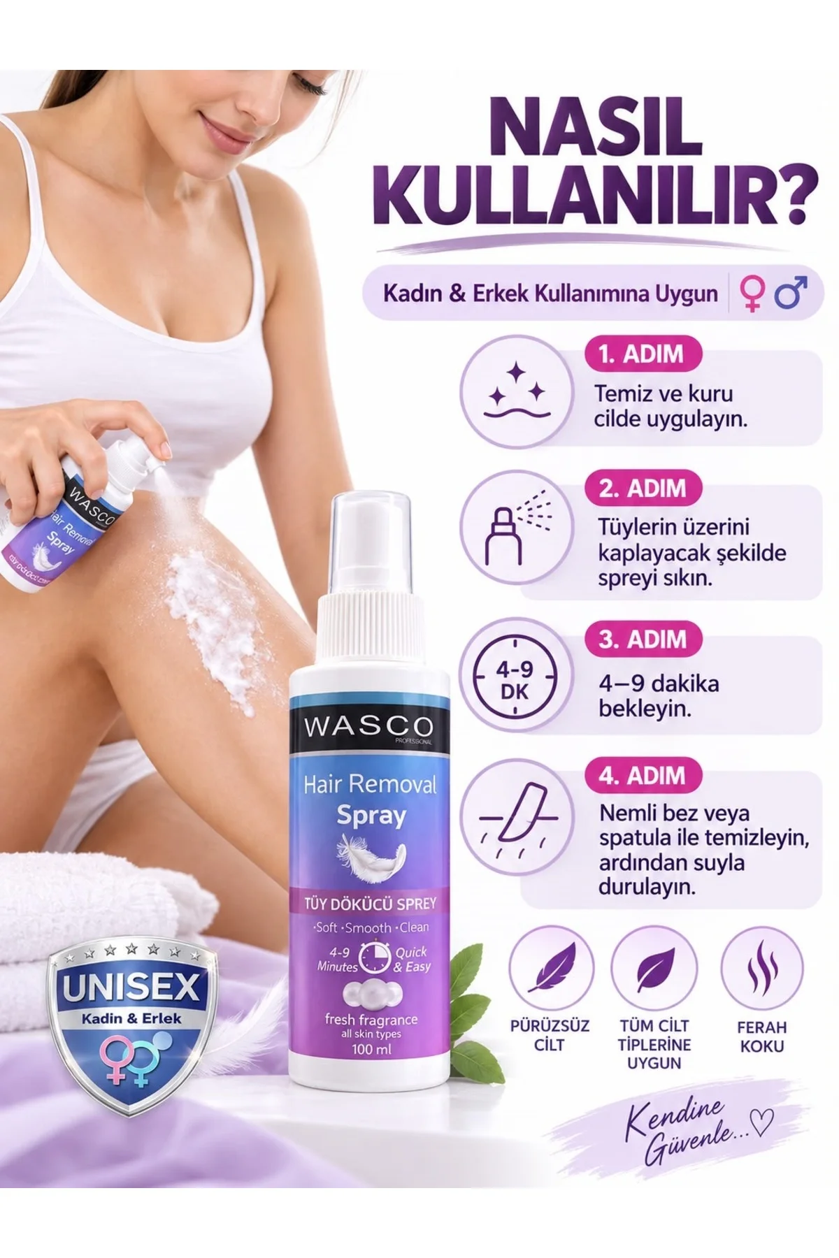 Unisex Lazer Etkili Tüy Dökücü Sprey 3 x 100 ml - Tüm Cilt Tipleri için