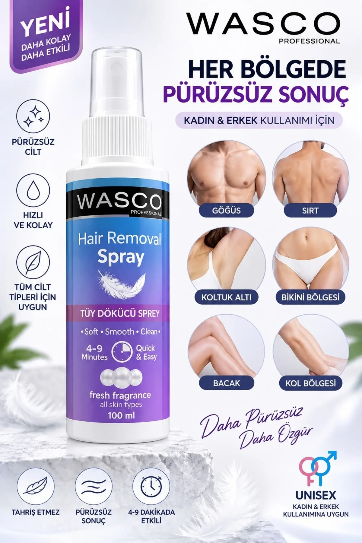 Unisex Lazer Etkili Tüy Dökücü Sprey 3 x 100 ml - Tüm Cilt Tipleri için