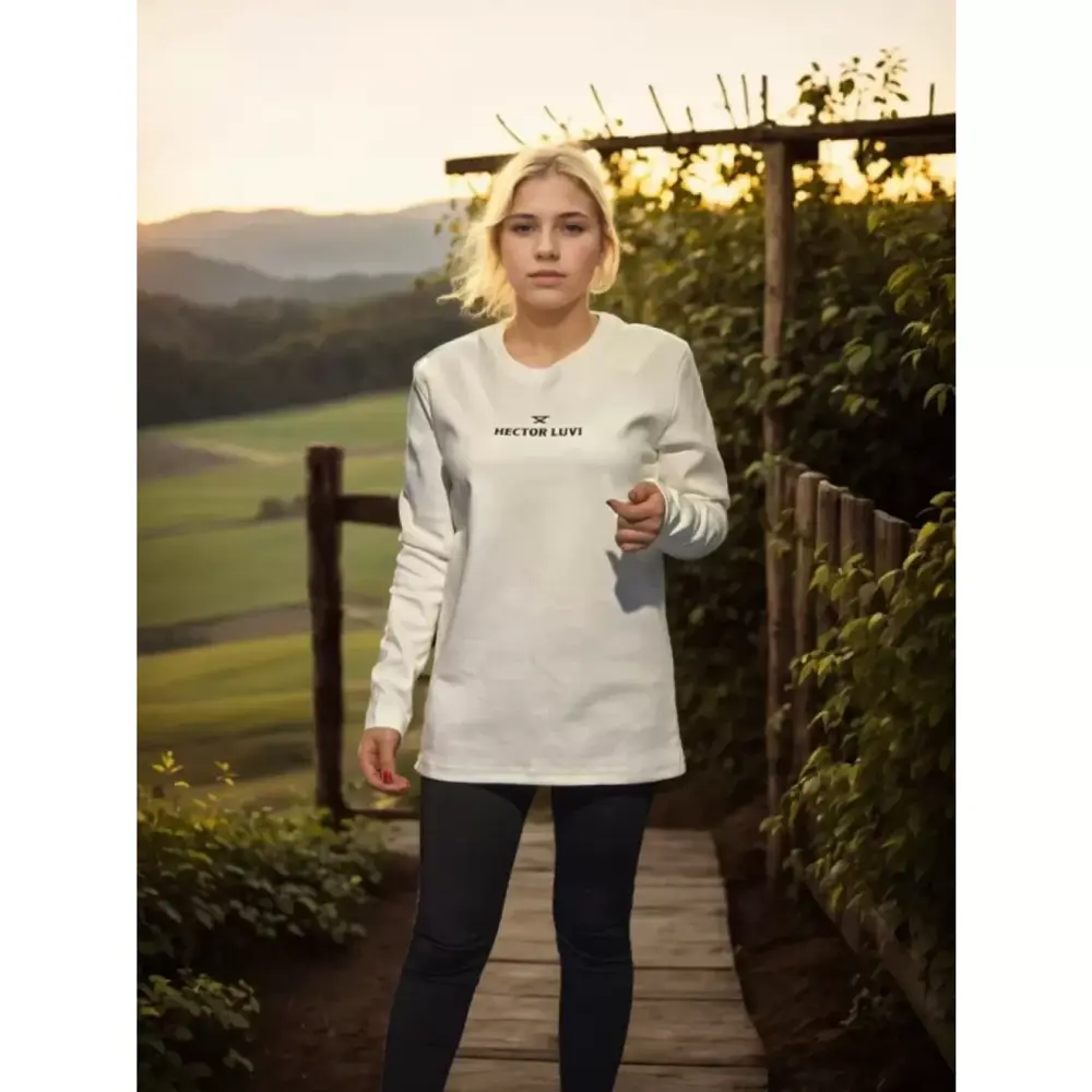 Unisex Lucky Life Bisiklet Yaka Uzun Kollu T-Shirt - Beyaz