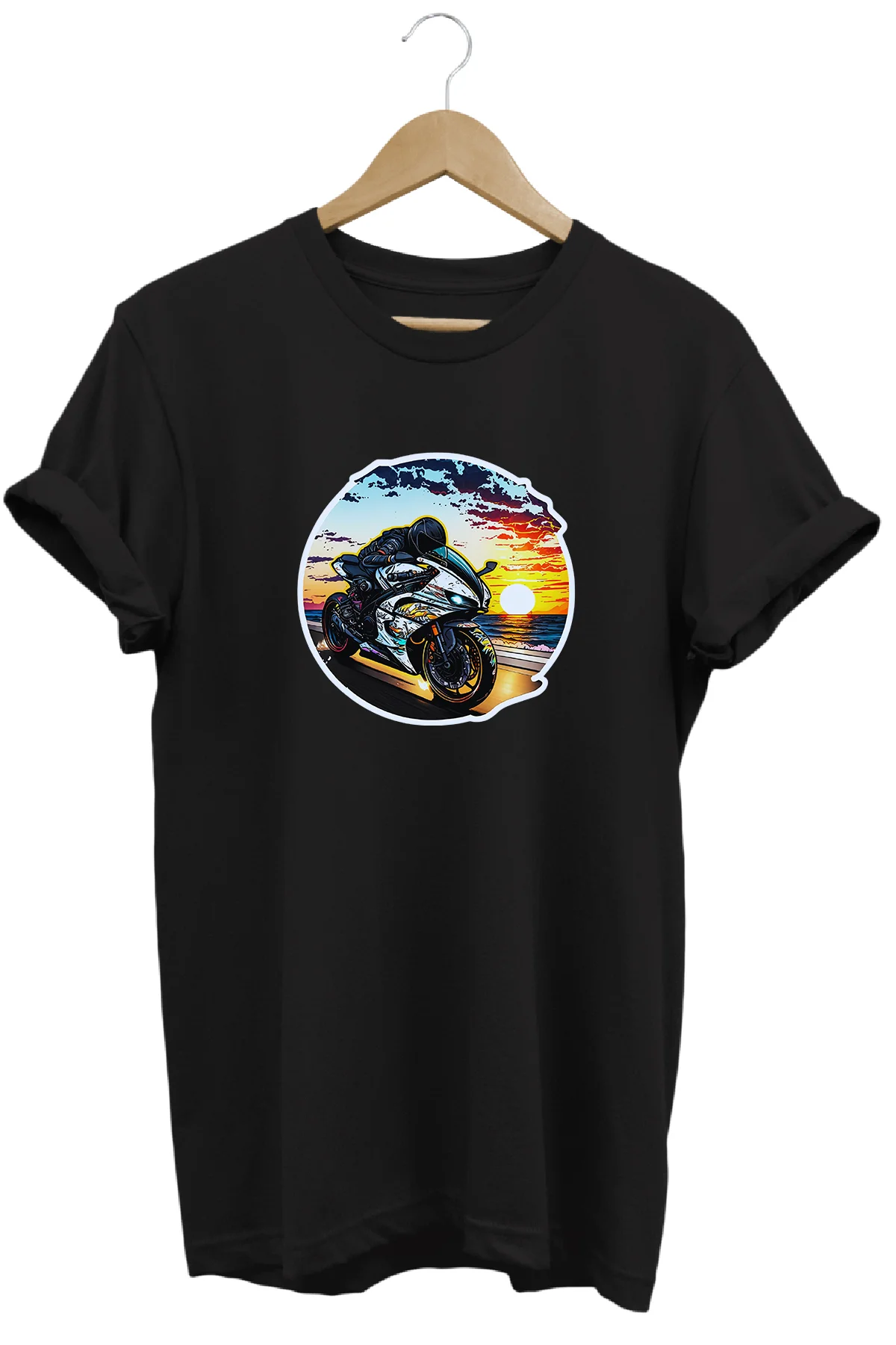 Unisex Motosiklet Temalı Grafik Baskılı Bisiklet Yaka Tişört T-sh