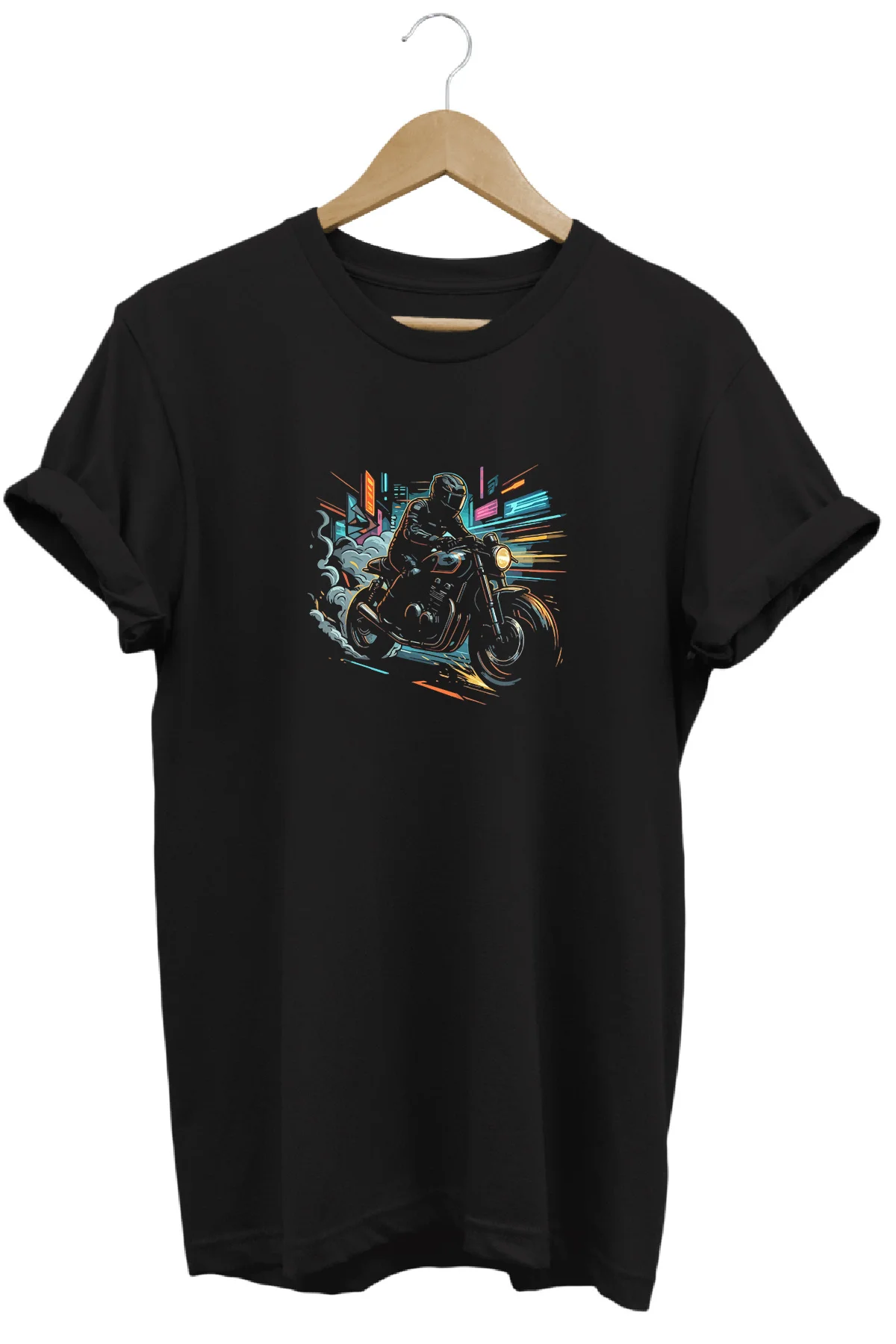 Unisex Neon Cyberpunk Motosiklet Baskılı Özel Tasarım %100 Pamukl