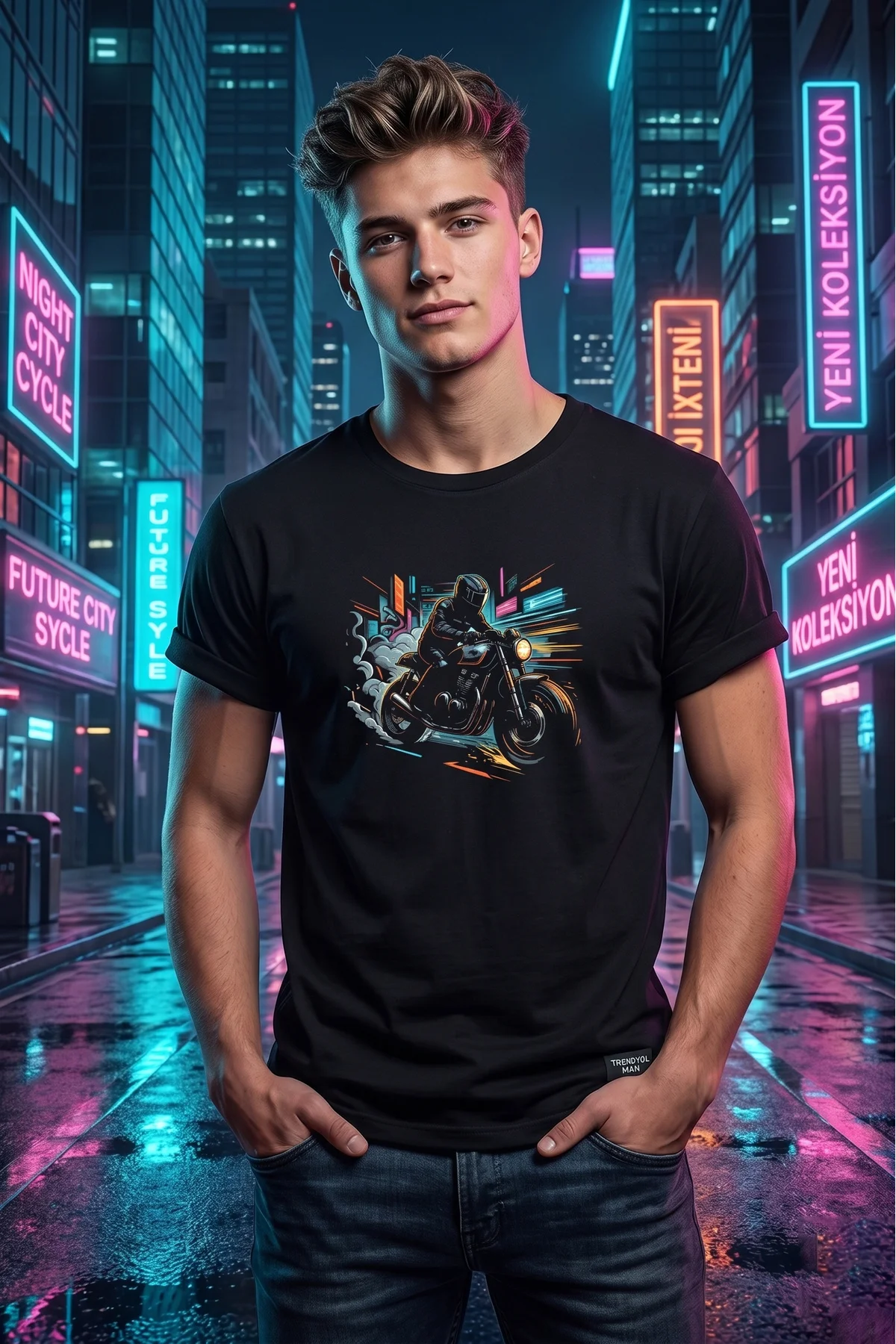 Unisex Neon Cyberpunk Motosiklet Baskılı Özel Tasarım %100 Pamukl