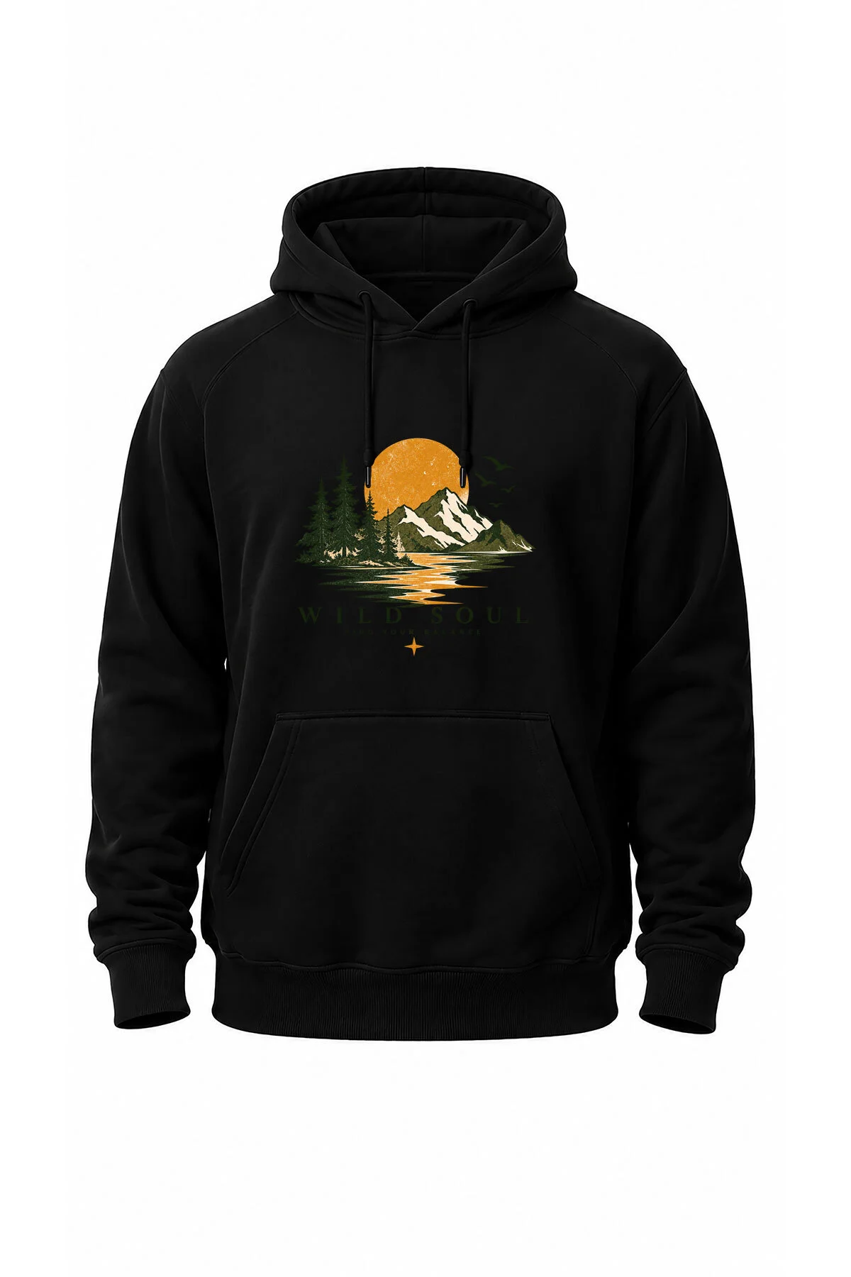 Unisex Outdoor Wild Soul Dağ ve Doğa Baskılı Kanguru Cepli Kapüşonlu %100 Pamuk 3 Iplik Sweatshirt