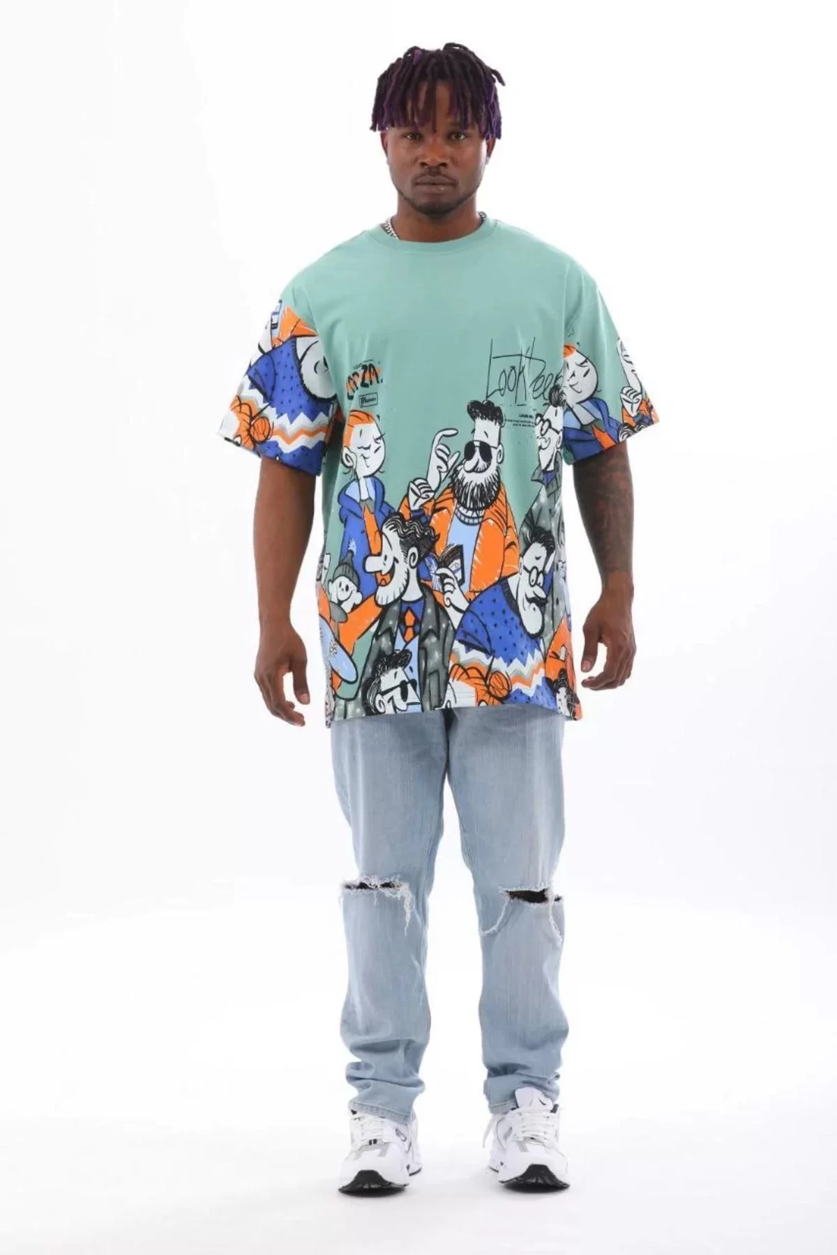 Unisex Oversize Baskılı Bisiklet Yaka T-shirt - Mint Yeşili