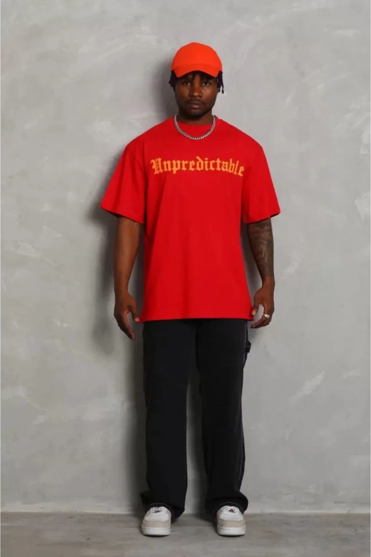 Unisex Oversize Baskılı Bisiklet Yaka T-Shirt - Kırmızı