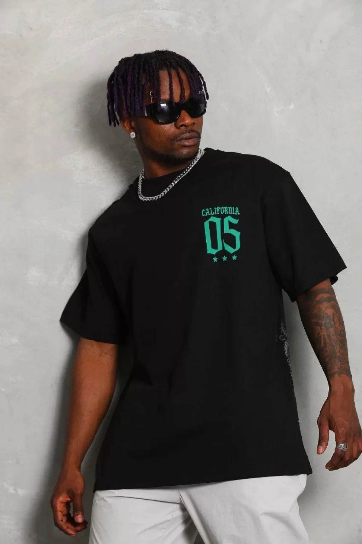 Unisex Oversize Baskılı Bisiklet Yaka T-shirt - Siyah