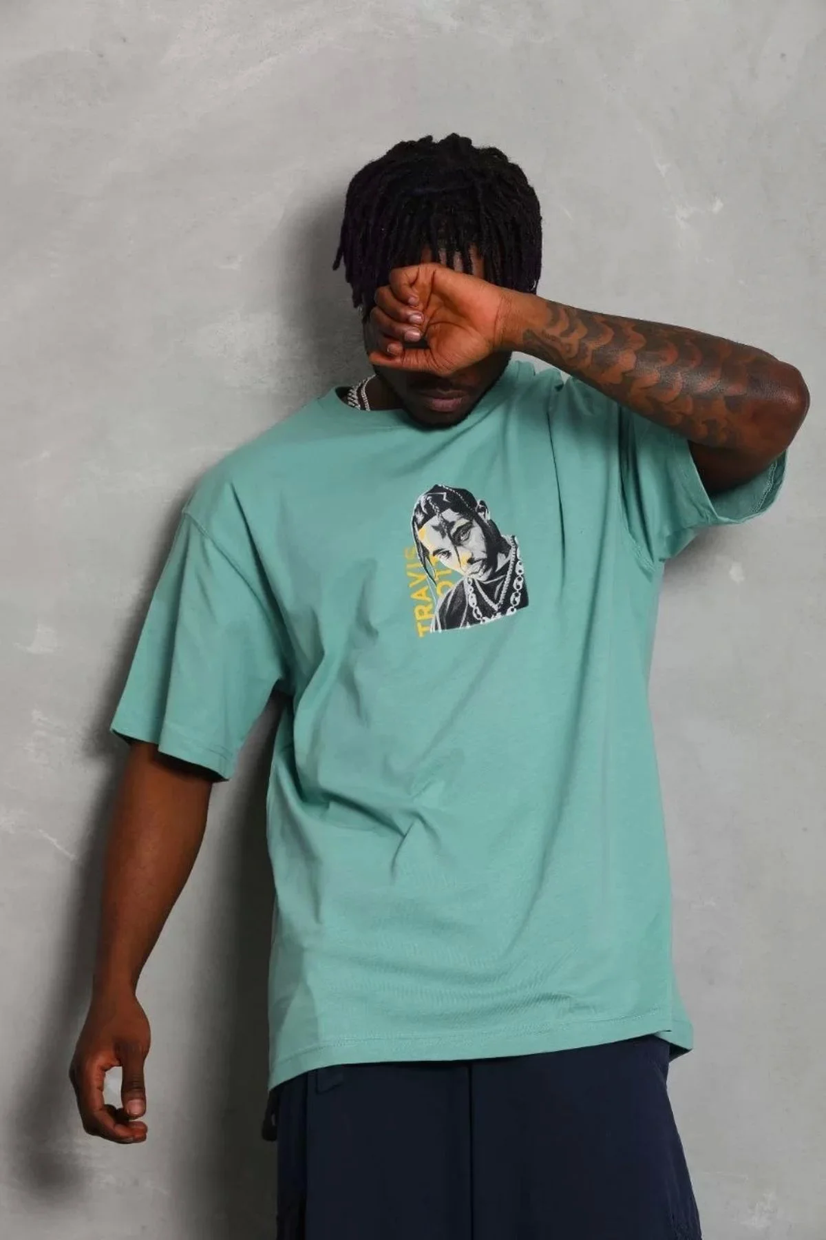 Unisex Oversize Baskılı Bisiklet Yaka T-shirt - Mint Yeşili