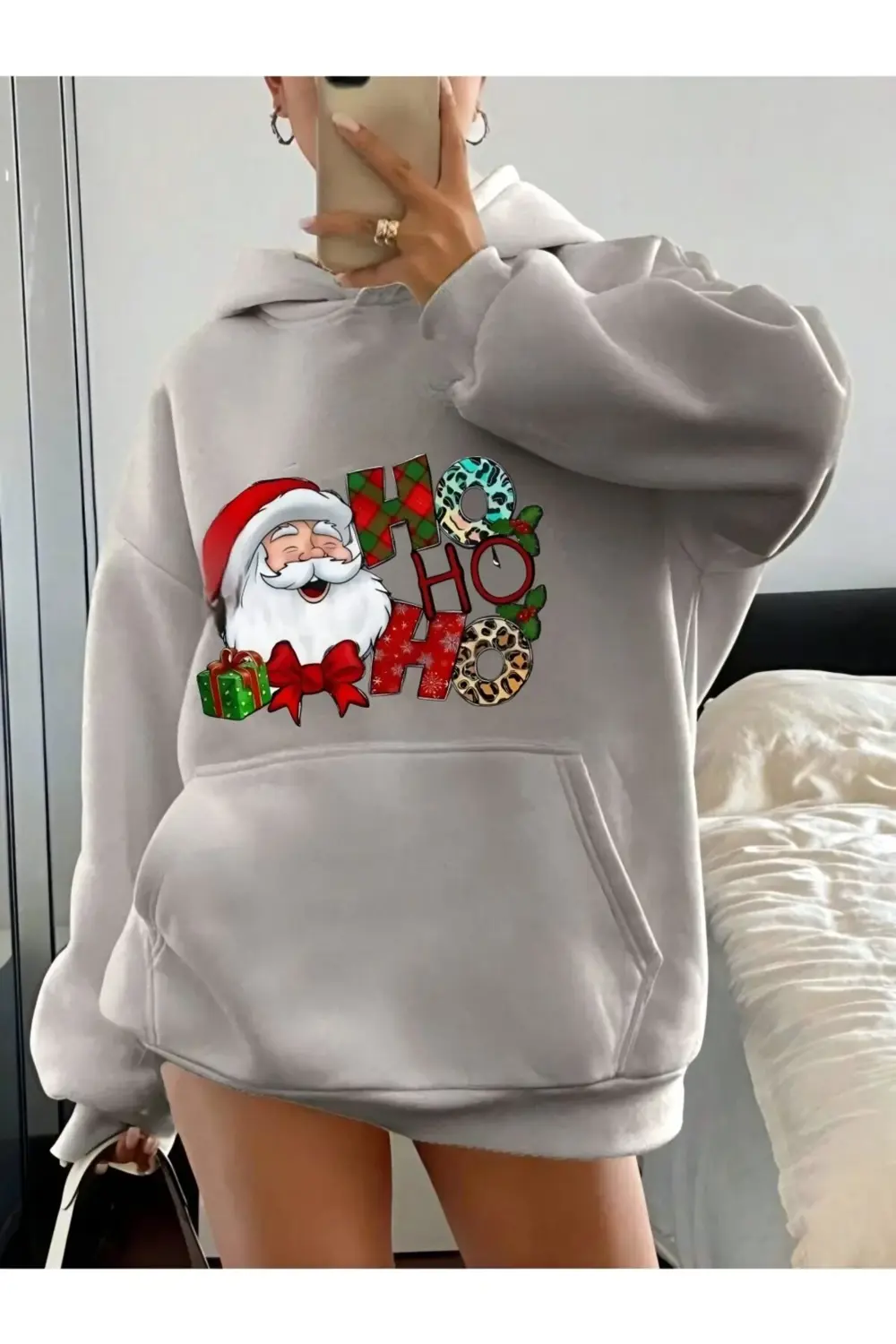 Unisex Oversize Noel Baba Ho Ho Ho yılbaşı Baskılı Kapüşonlu Swea