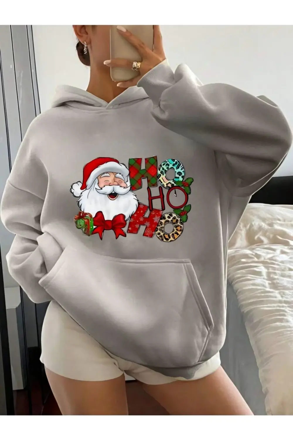 Unisex Oversize Noel Baba Ho Ho Ho yılbaşı Baskılı Kapüşonlu Swea