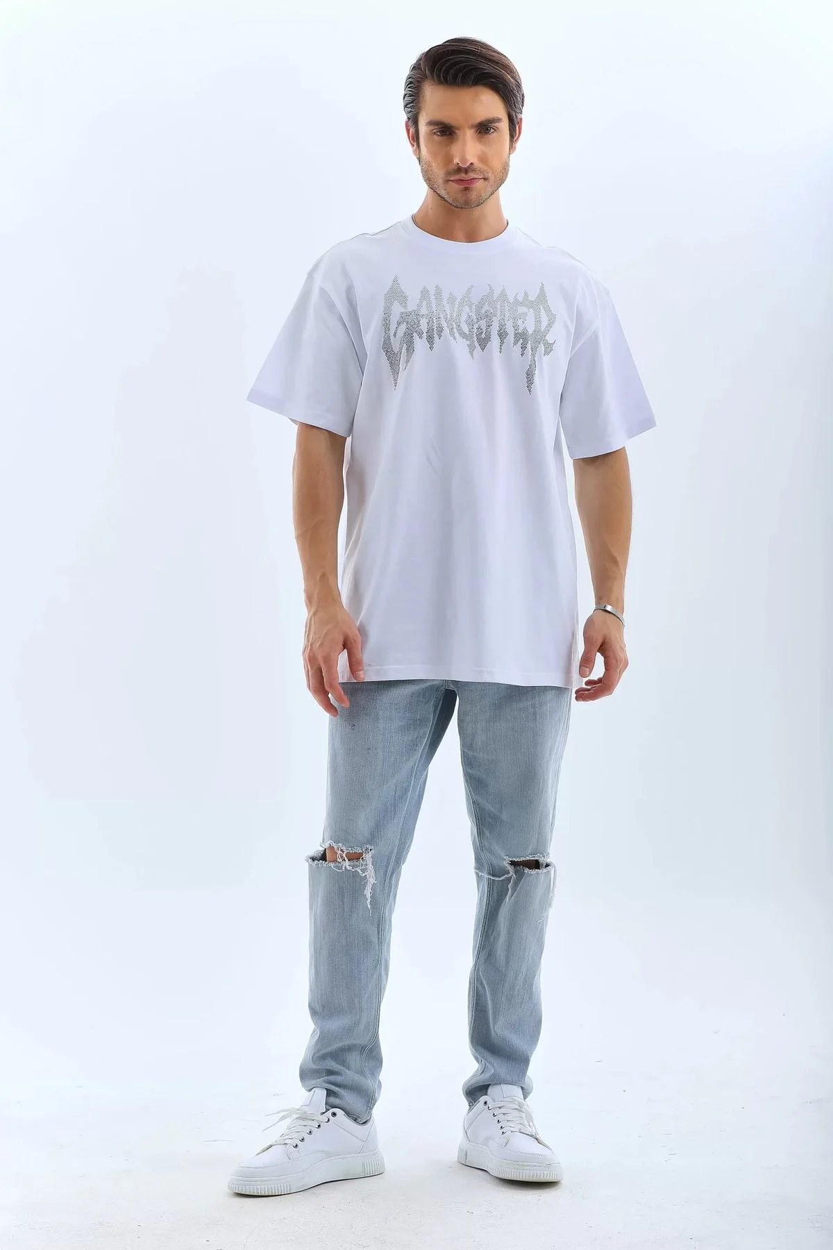 Unisex Oversize Taşlı Bisiklet Yaka T-Shirt - Beyaz