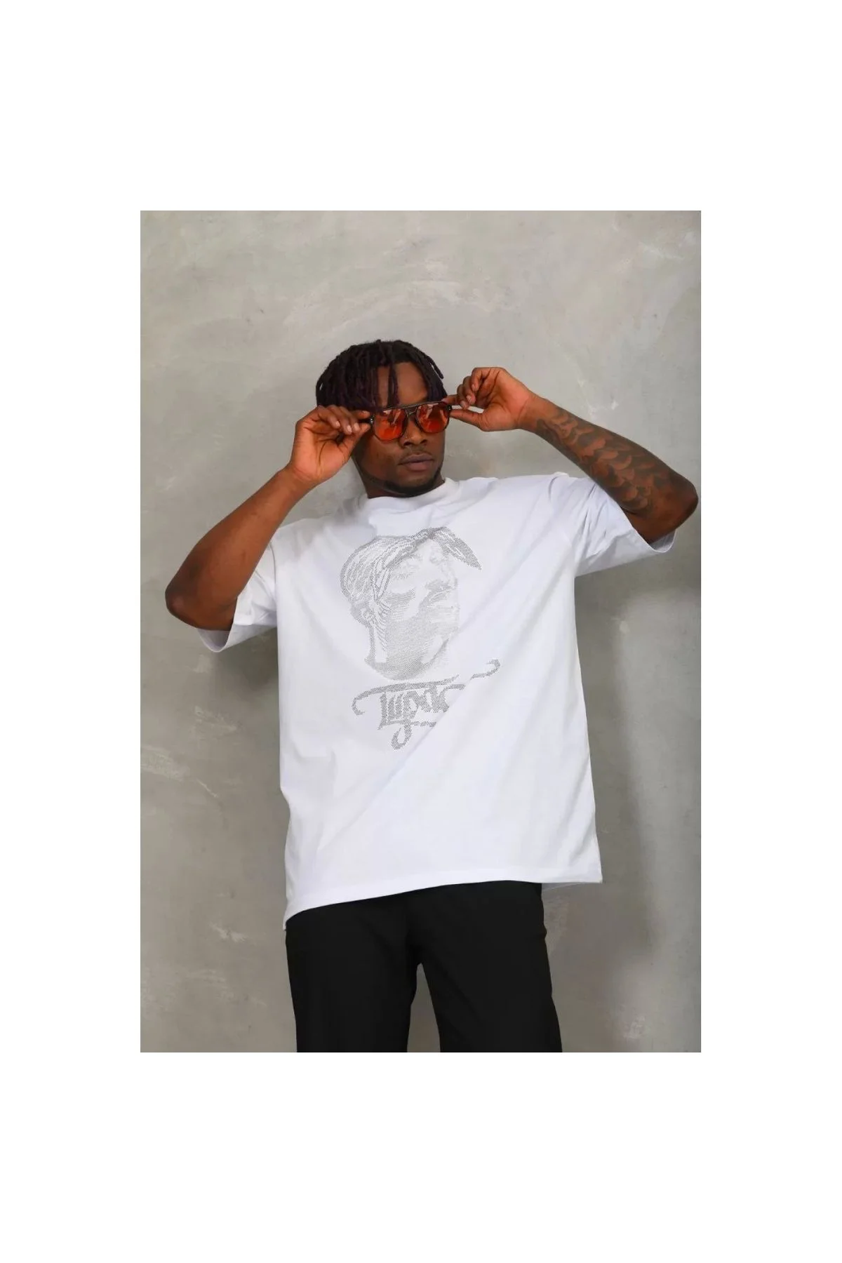 Unisex Oversize Taşlı Bisiklet Yaka T-Shirt - Beyaz