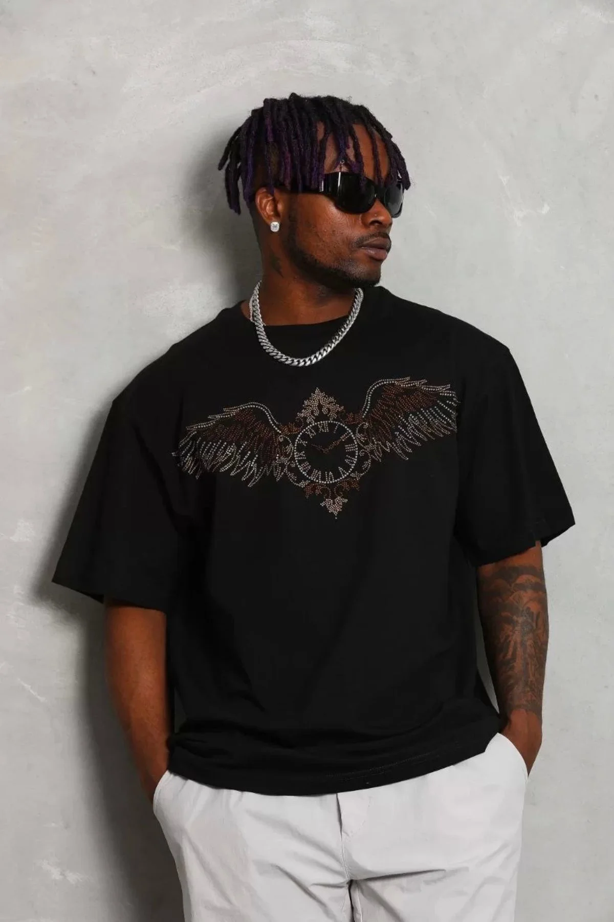Unisex Oversize Taşlı Bisiklet Yaka T-shirt - Siyah