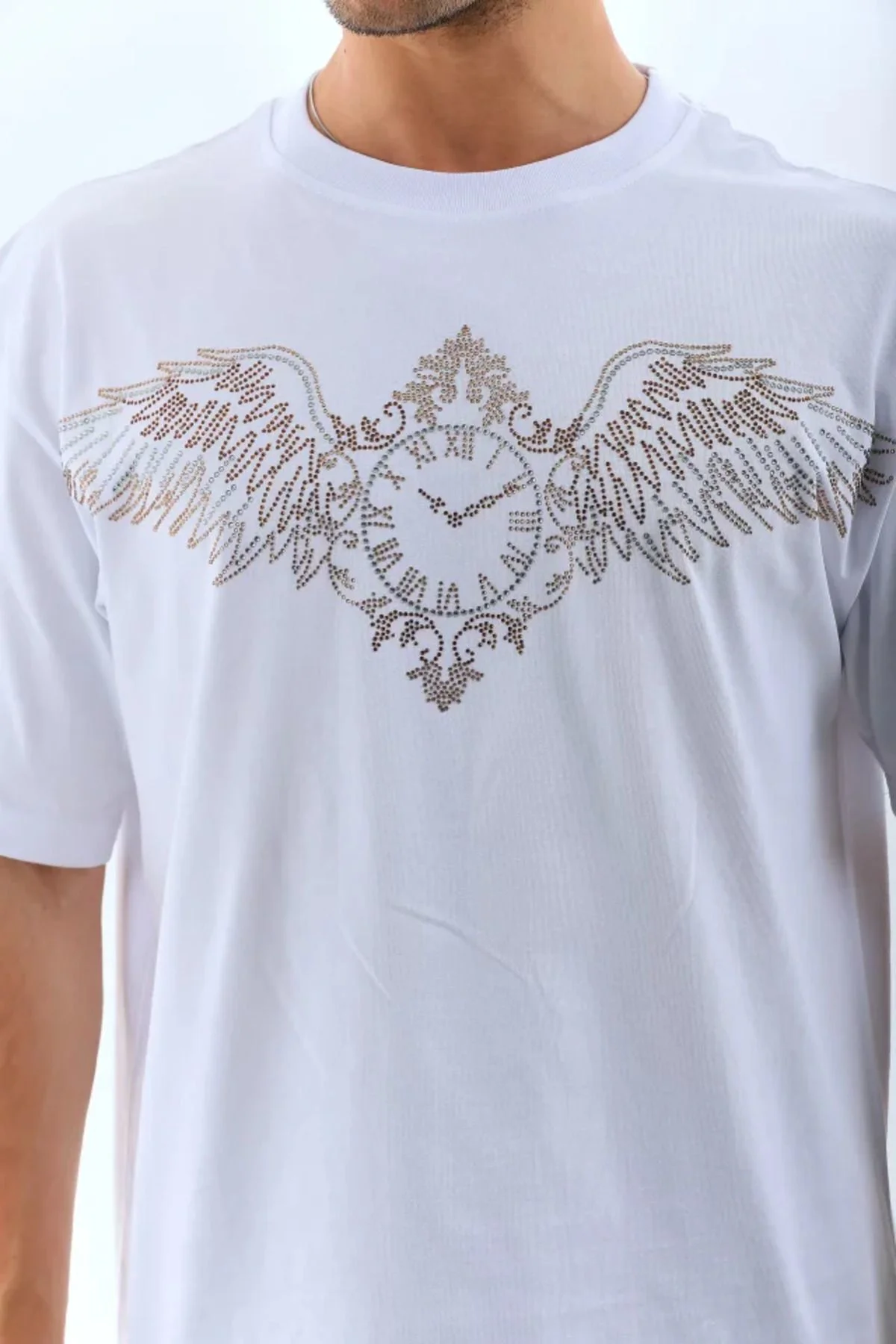 Unisex Oversize Taşlı Bisiklet Yaka T-Shirt - Beyaz