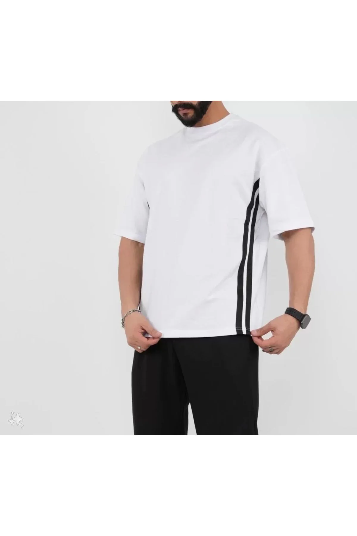 Unisex Oversize Yanları Şeritli T-Shirt - Beyaz