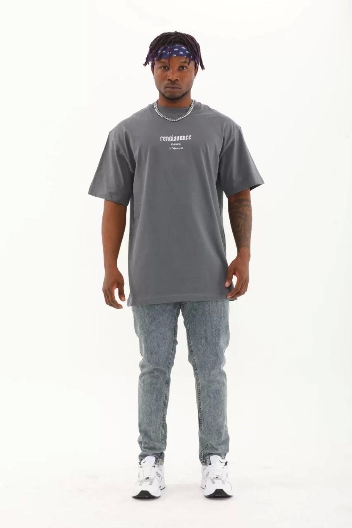 Unisex Oversize Baskılı Bisiklet Yaka T-Shirt - Füme