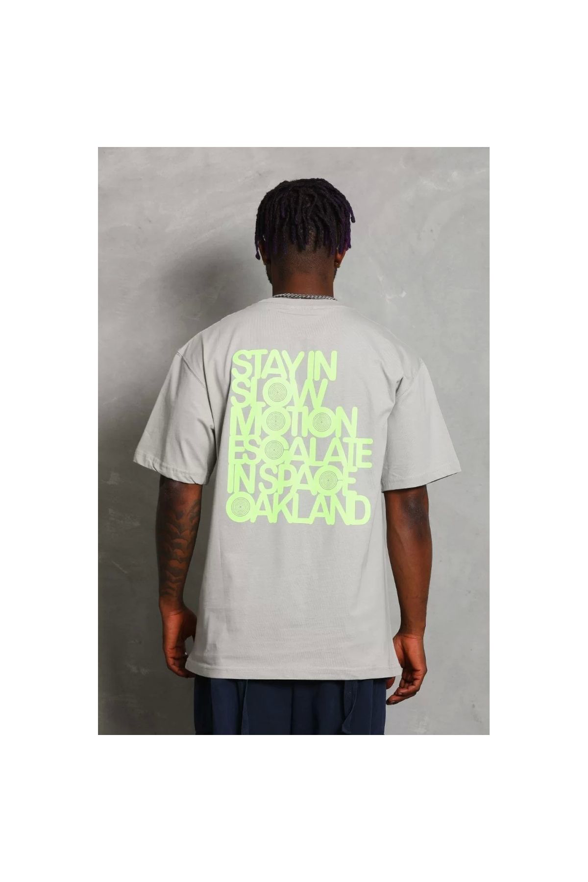 Unisex Oversize Baskılı Bisiklet Yaka T-Shirt - Gri