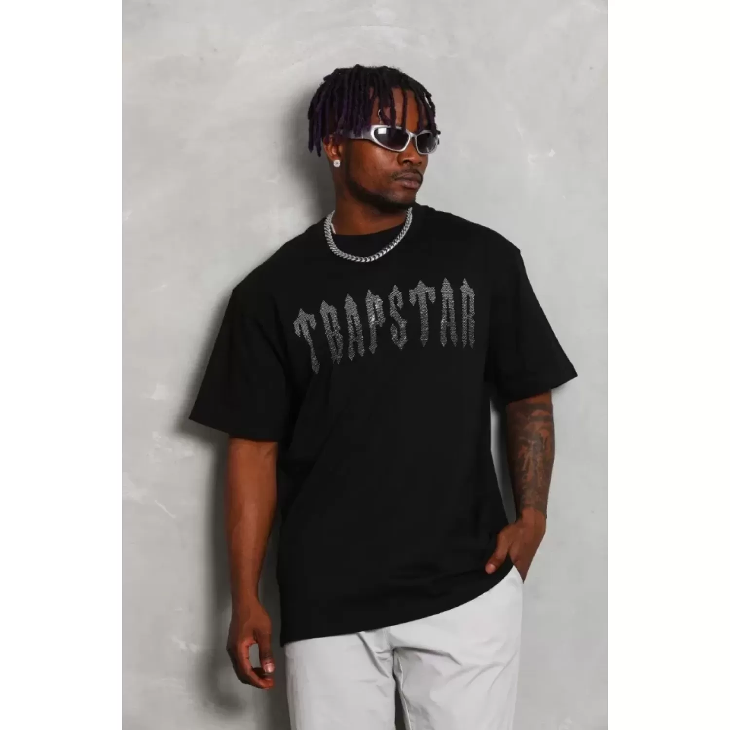 Unisex Oversize Taşlı Bisiklet Yaka T-Shirt - Siyah