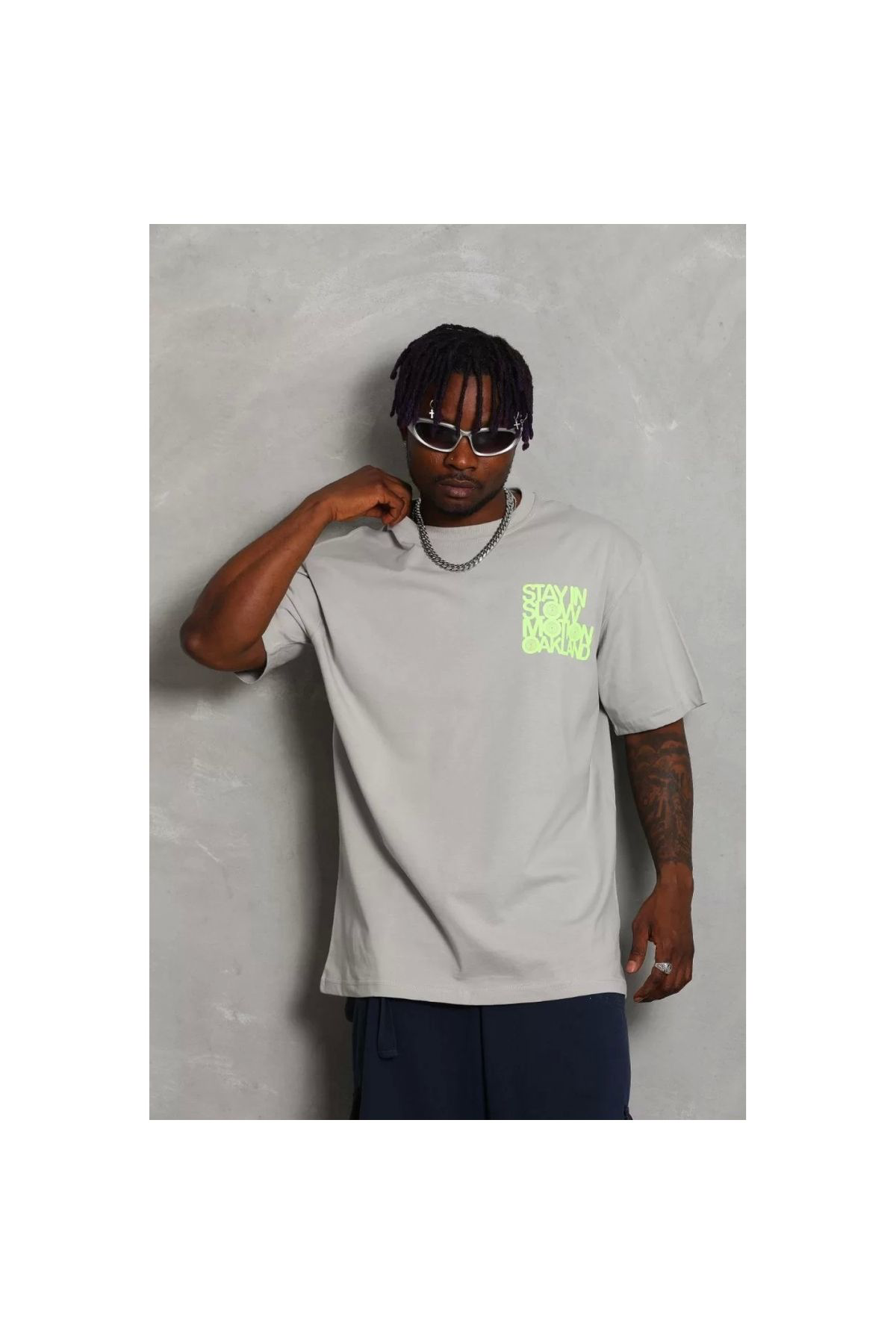 Unisex Oversize Baskılı Bisiklet Yaka T-Shirt - Gri