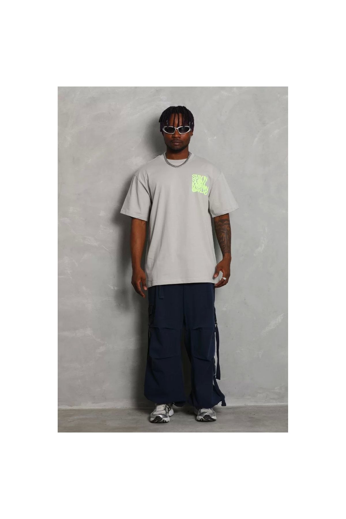 Unisex Oversize Baskılı Bisiklet Yaka T-Shirt - Gri