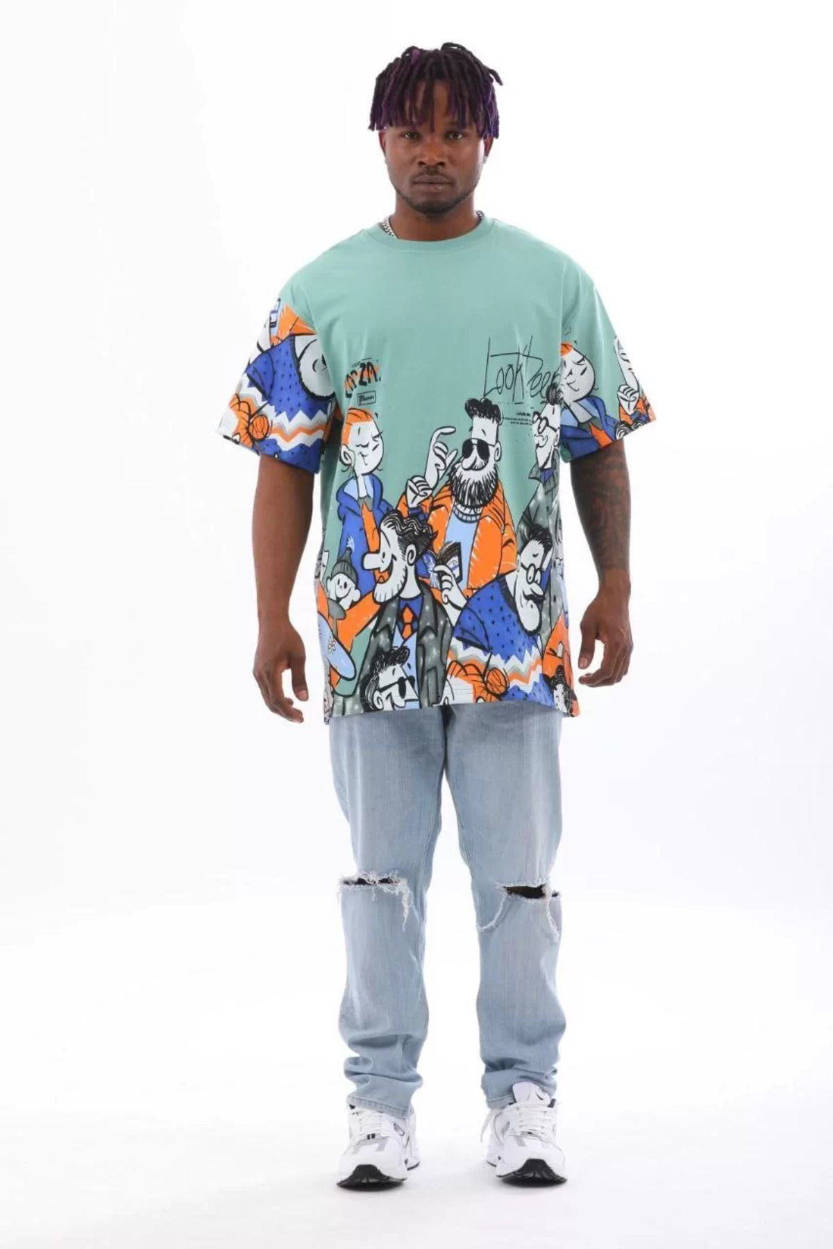 Unisex Oversize Baskılı Bisiklet Yaka T-shirt - Mint Yeşili