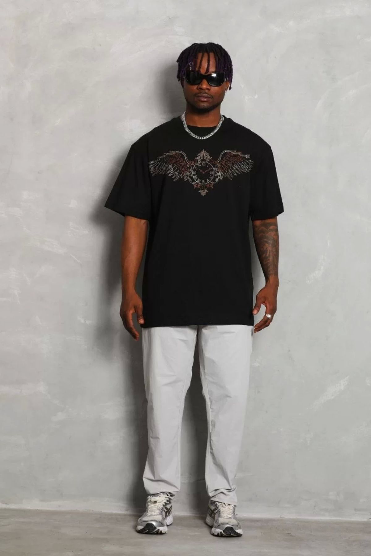 Unisex Oversize Taşlı Bisiklet Yaka T-shirt - Siyah