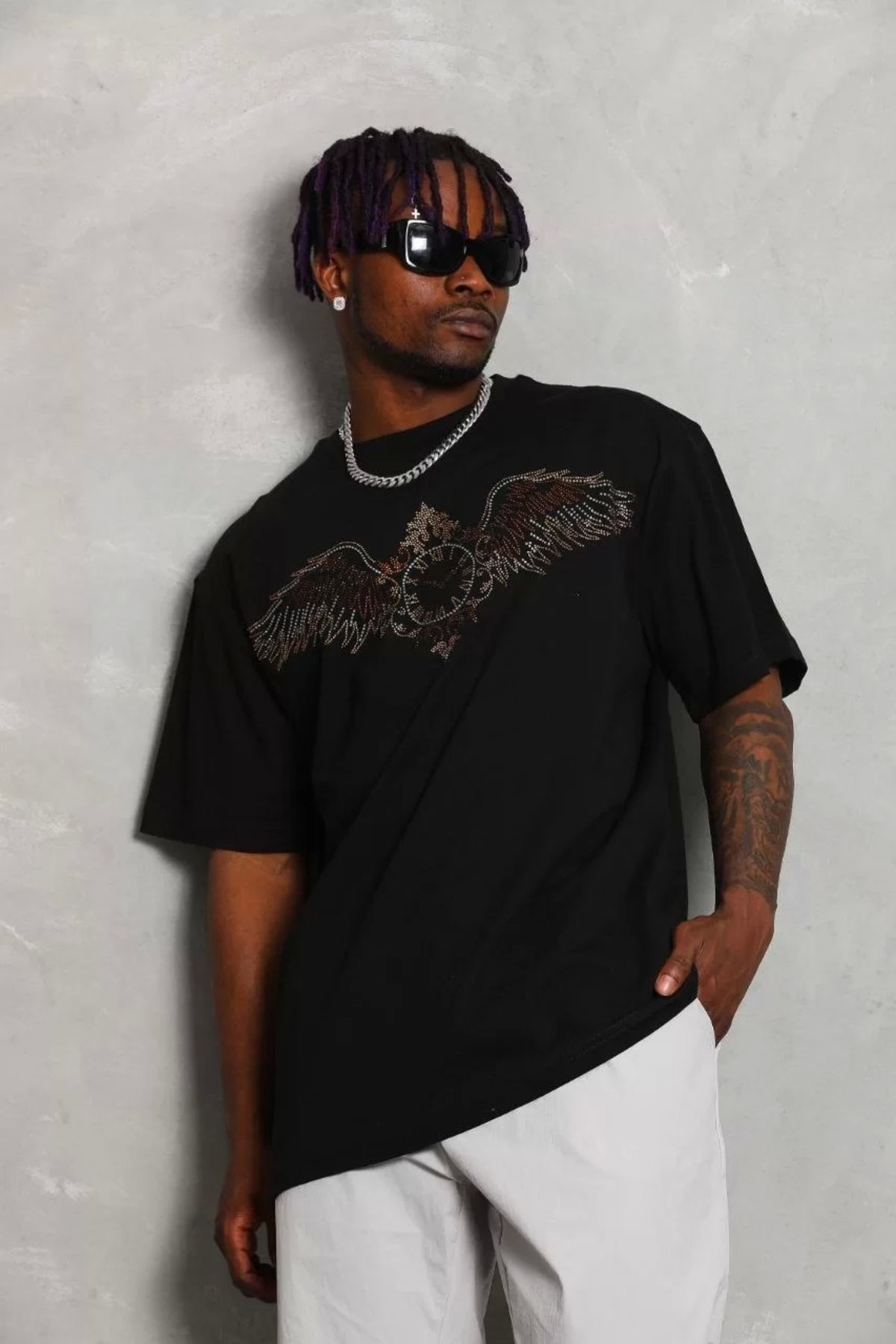 Unisex Oversize Taşlı Bisiklet Yaka T-shirt - Siyah