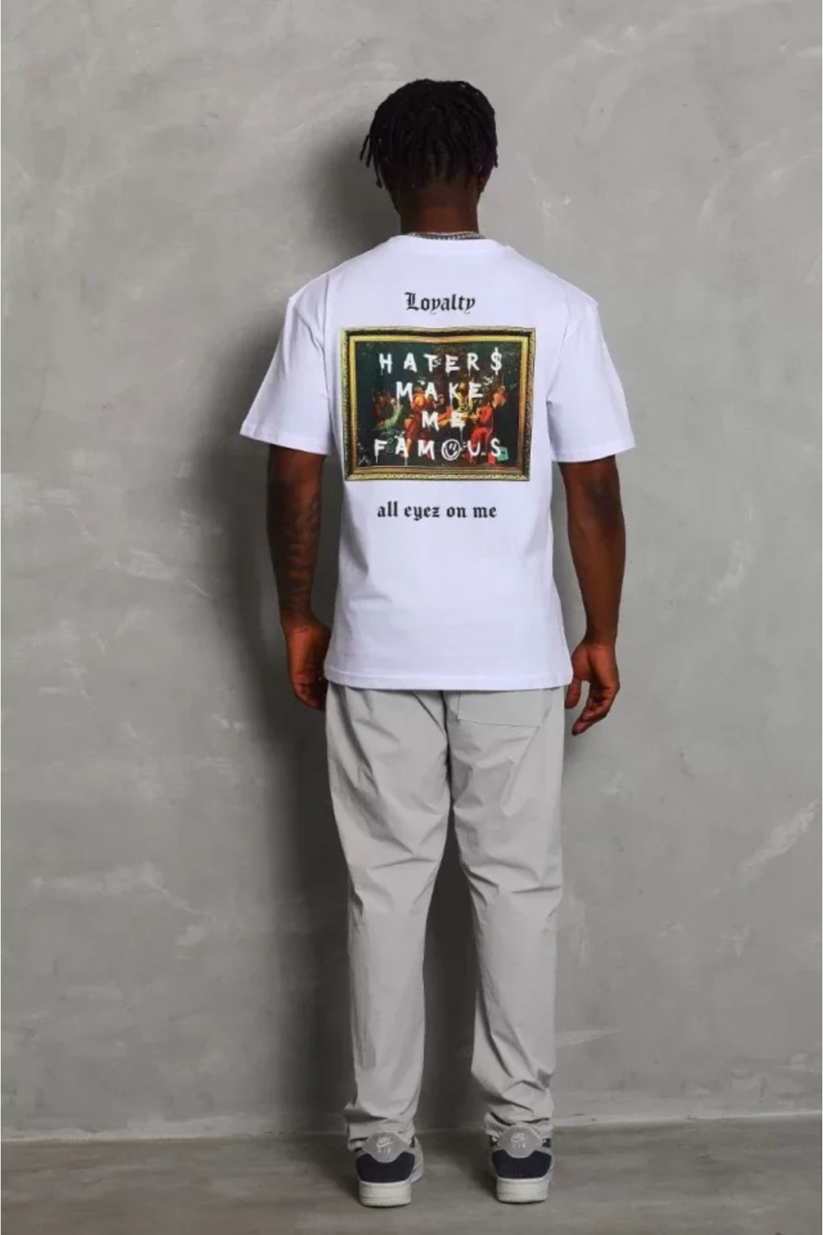 Unisex Oversize Baskılı Bisiklet Yaka T-Shirt - Beyaz