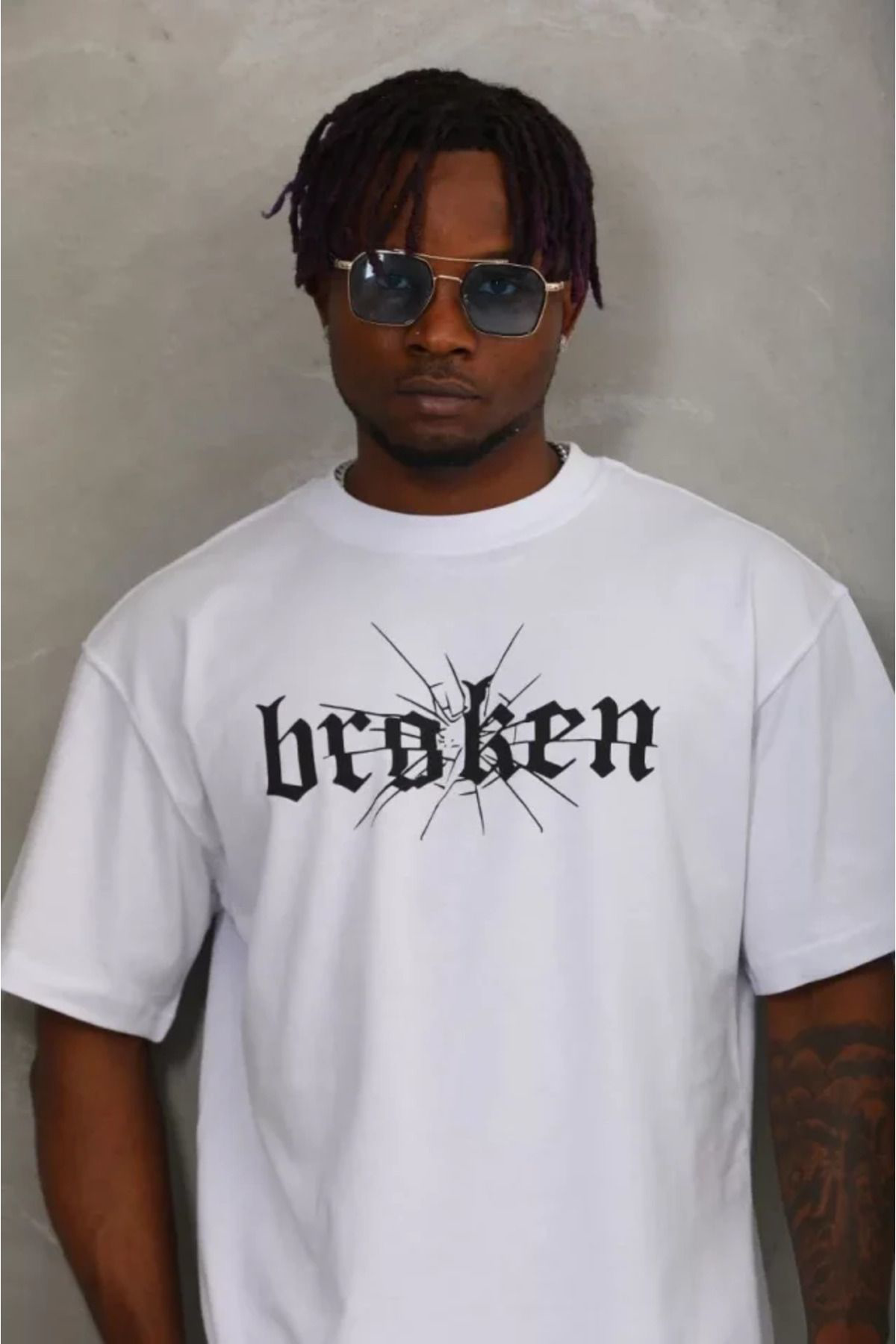 Unisex Oversize Baskılı Bisiklet Yaka T-Shirt - Beyaz