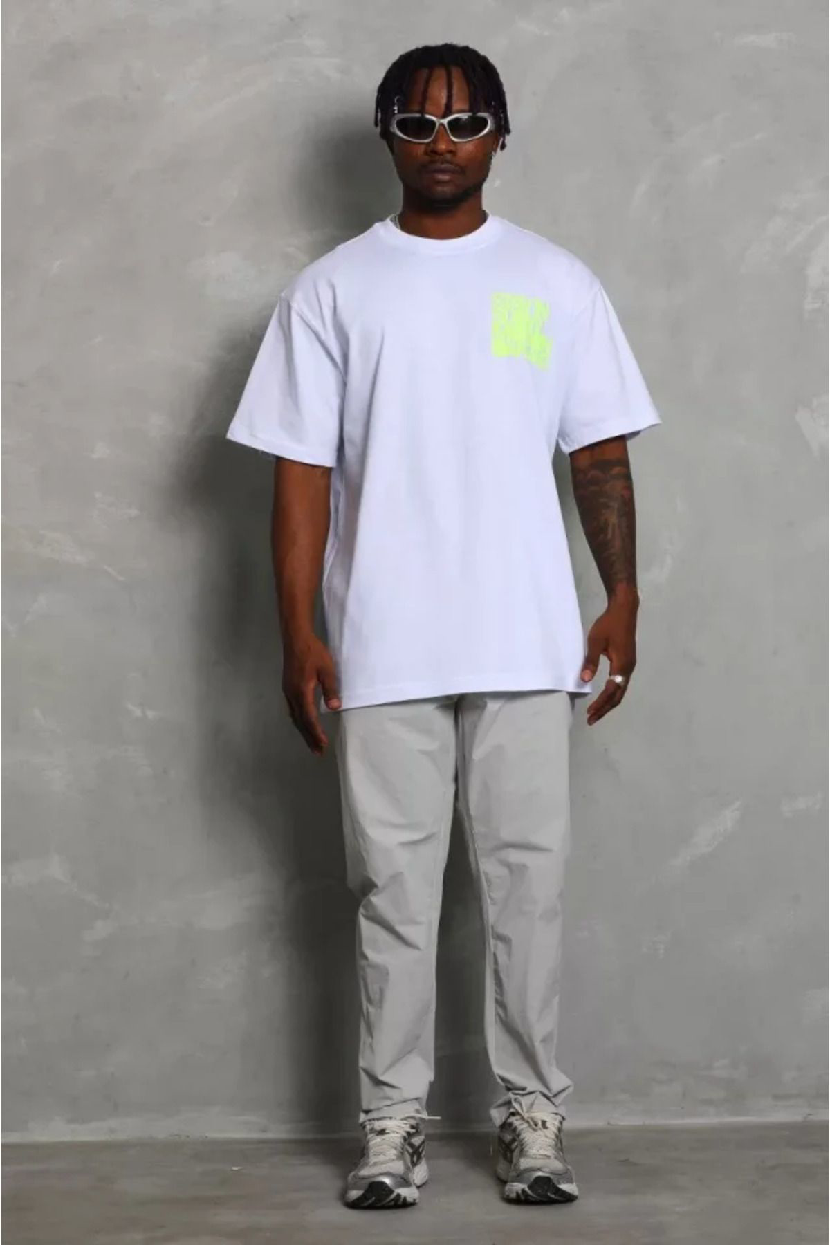 Unisex Oversize Baskılı Bisiklet Yaka T-Shirt - Beyaz