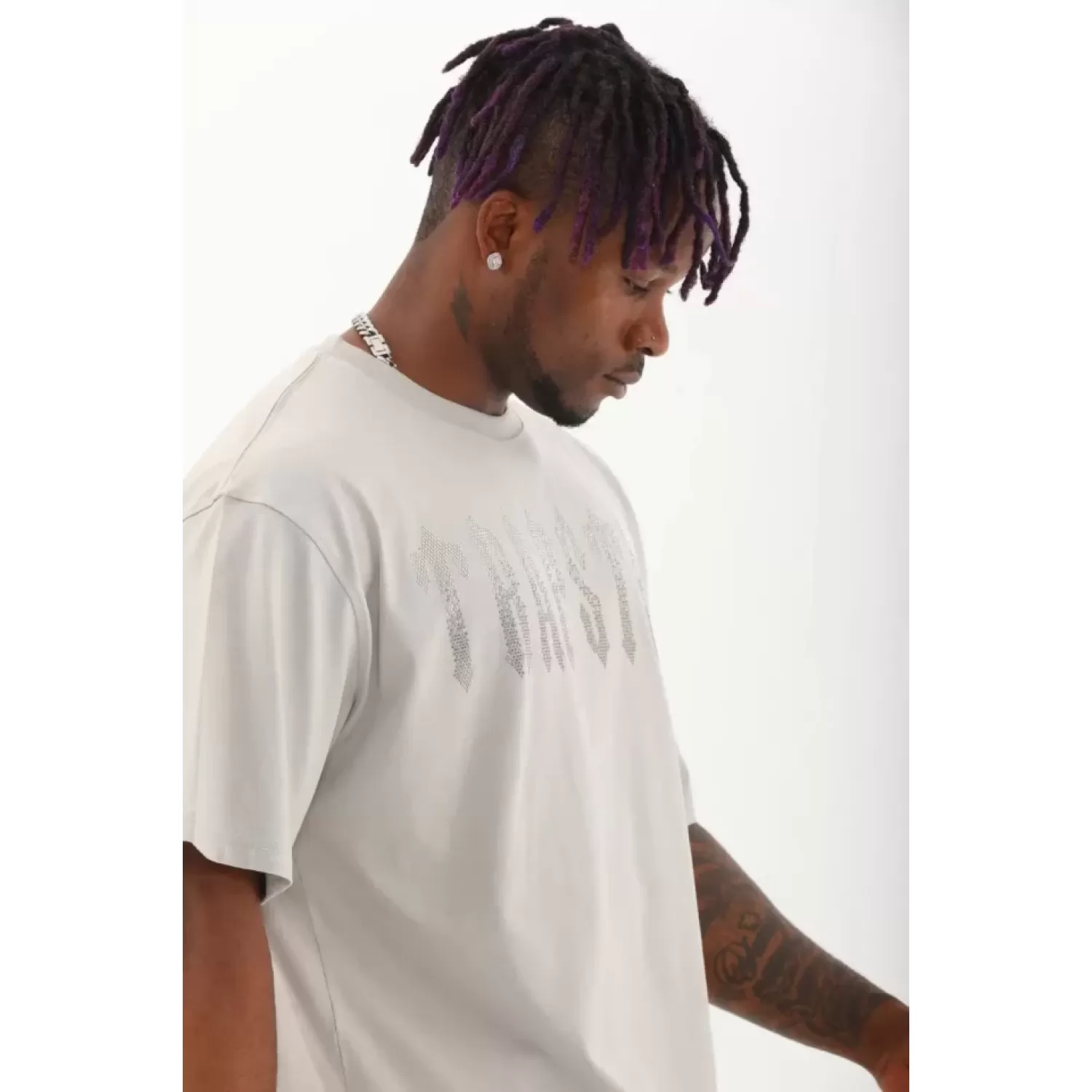 Unisex Oversize Taşlı Bisiklet Yaka T-Shirt - Gri