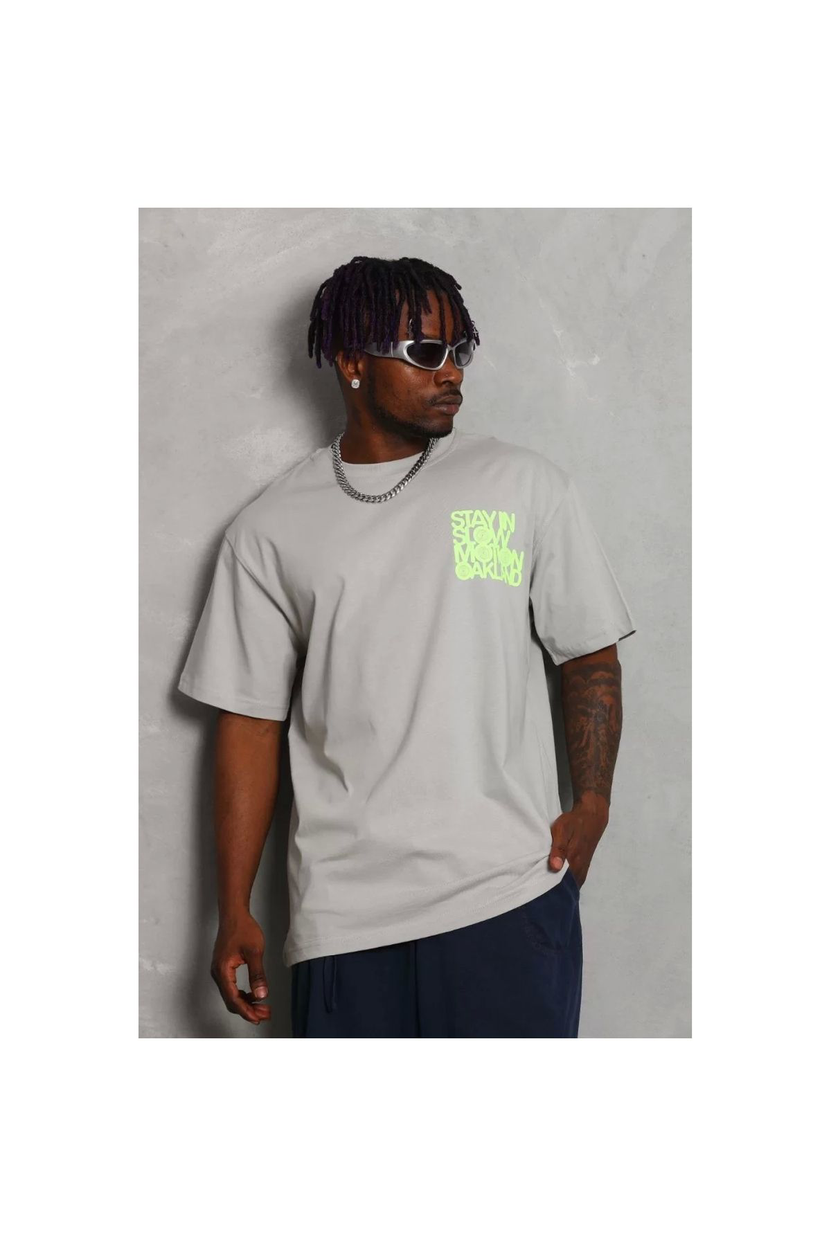 Unisex Oversize Baskılı Bisiklet Yaka T-Shirt - Gri