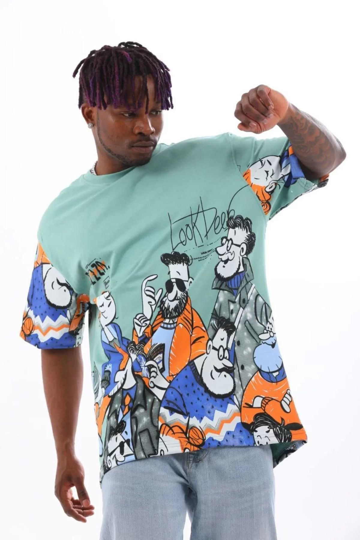 Unisex Oversize Baskılı Bisiklet Yaka T-shirt - Mint Yeşili