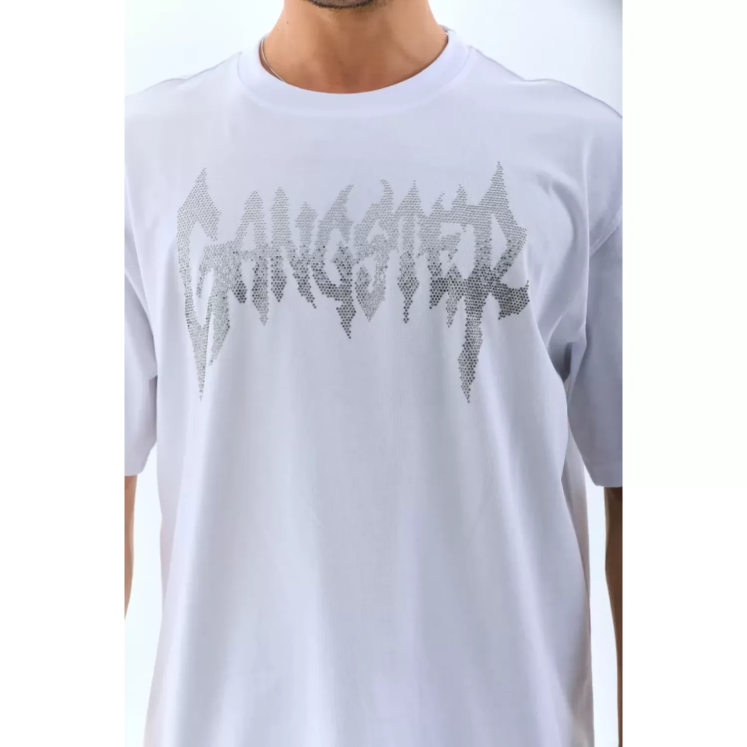 Unisex Oversize Taşlı Bisiklet Yaka T-Shirt - Beyaz