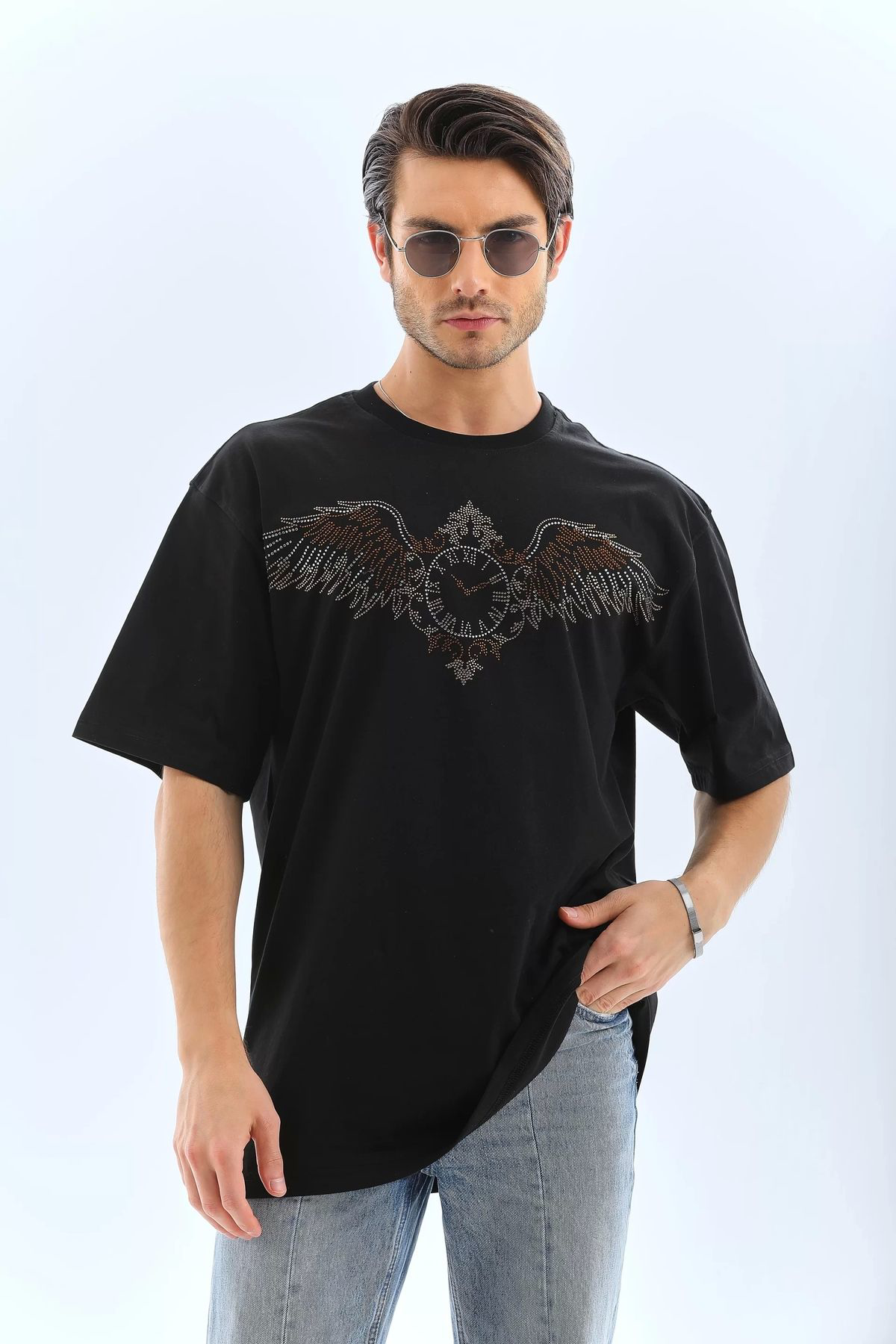 Unisex Oversize Taşlı Bisiklet Yaka T-Shirt - Siyah