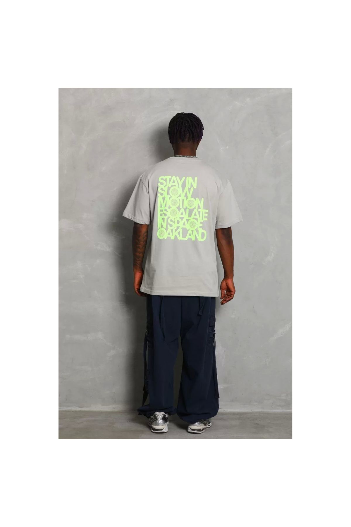 Unisex Oversize Baskılı Bisiklet Yaka T-Shirt - Gri