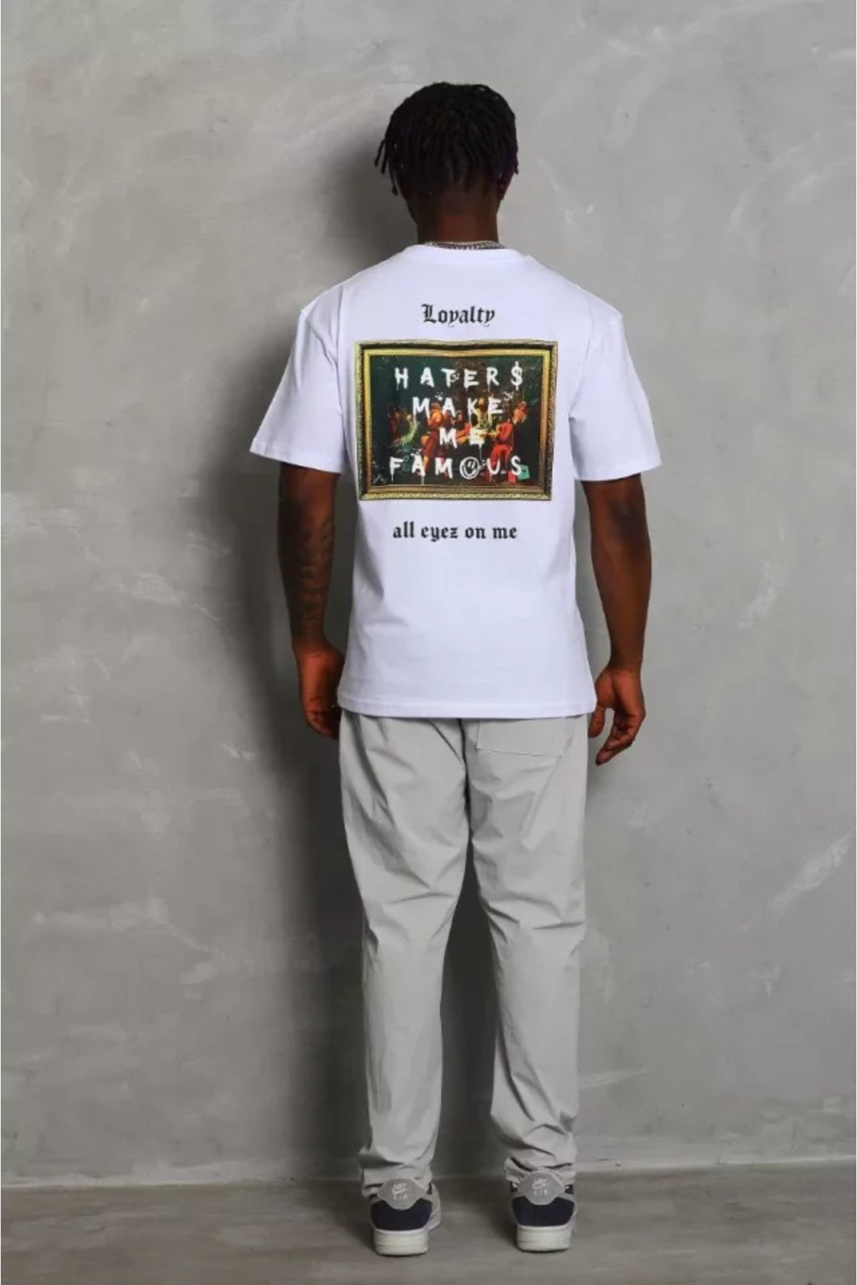 Unisex Oversize Baskılı Bisiklet Yaka T-Shirt - Beyaz