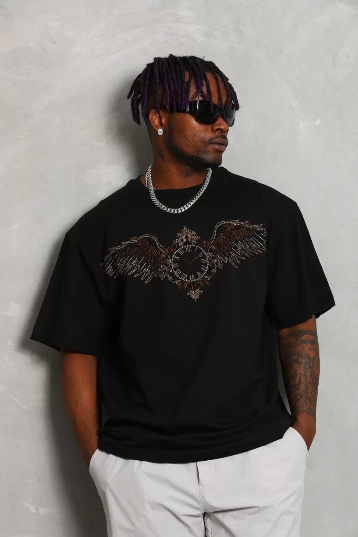 Unisex Oversize Taşlı Bisiklet Yaka T-shirt - Siyah