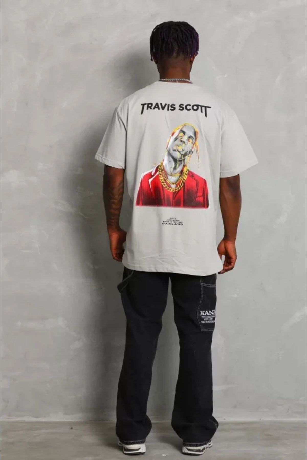 Unisex Oversize Baskılı Bisiklet Yaka T-Shirt - Gri