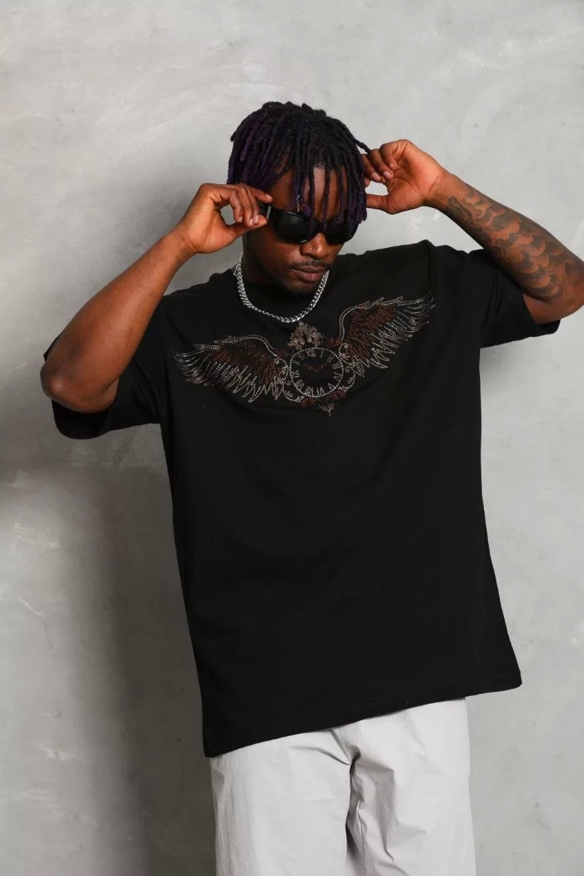 Unisex Oversize Taşlı Bisiklet Yaka T-shirt - Siyah