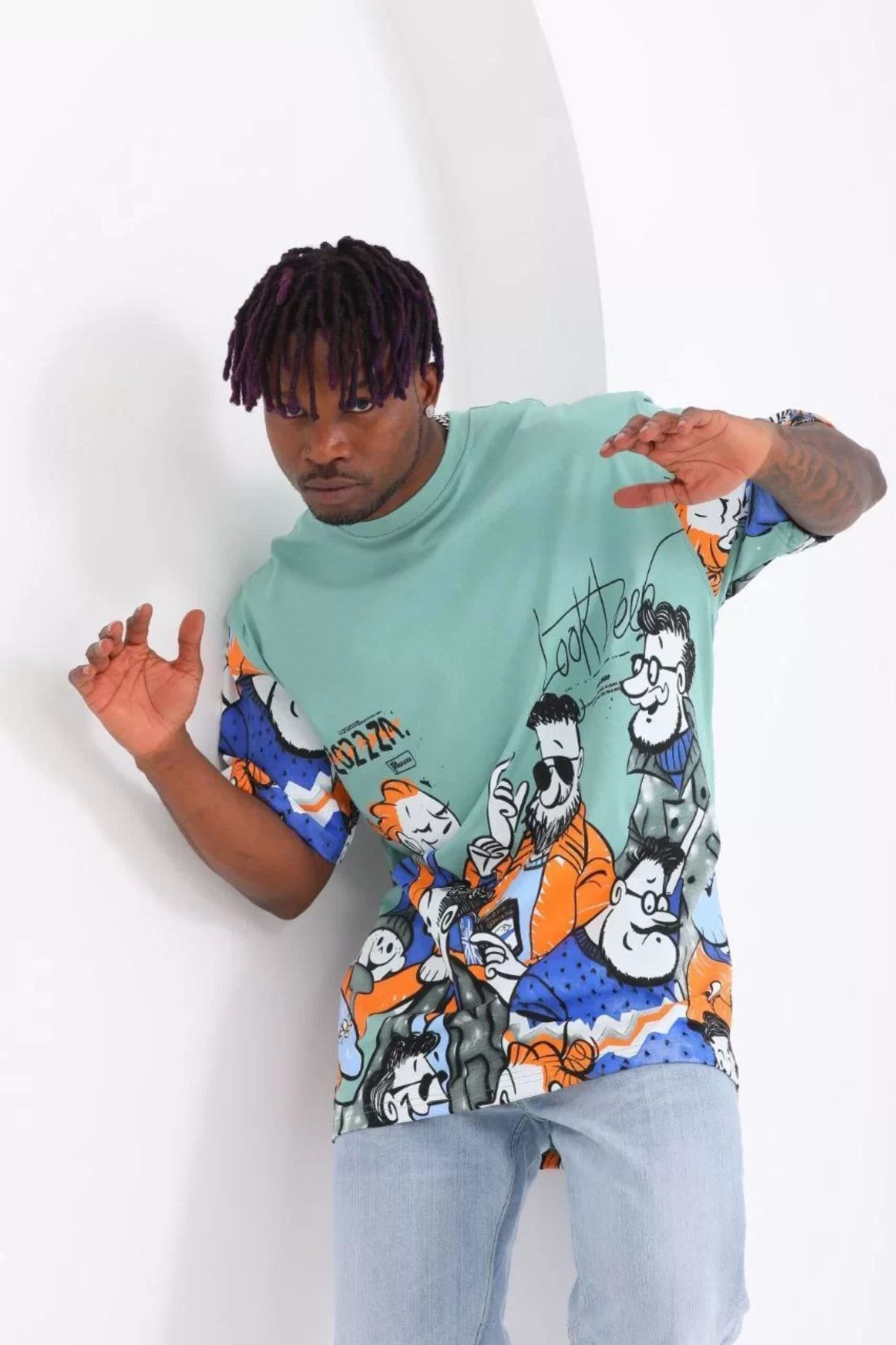 Unisex Oversize Baskılı Bisiklet Yaka T-shirt - Mint Yeşili