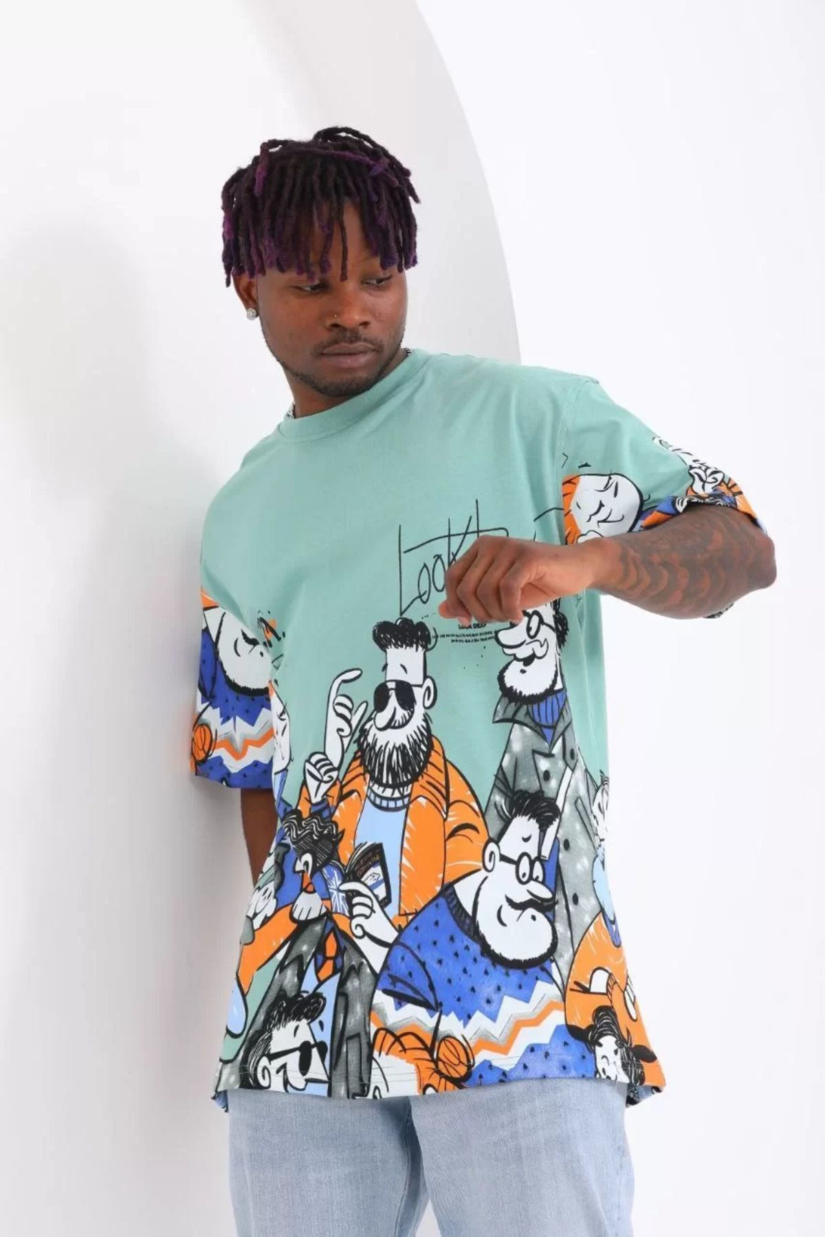 Unisex Oversize Baskılı Bisiklet Yaka T-shirt - Mint Yeşili