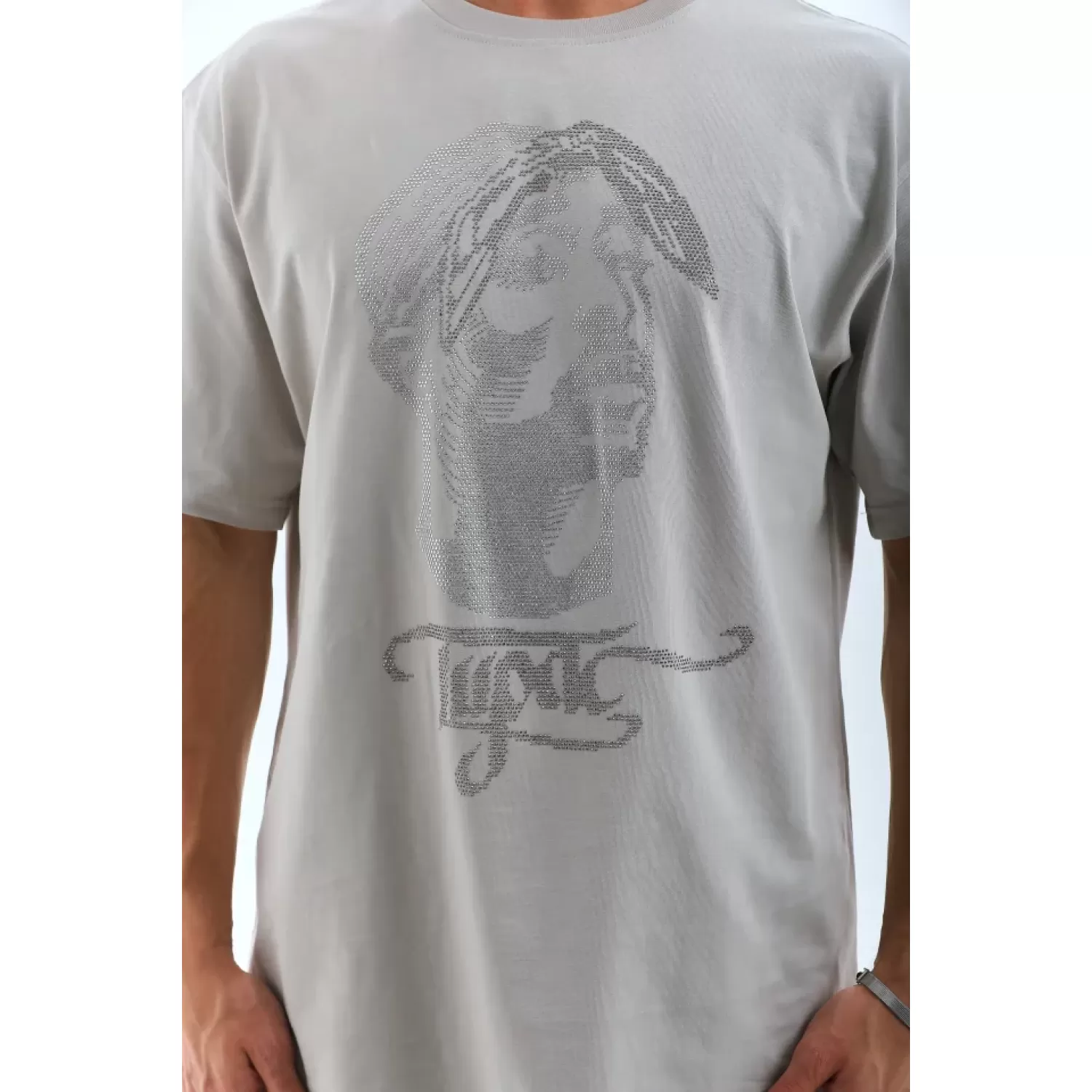 Unisex Oversize Taşlı Bisiklet Yaka T-Shirt - Gri