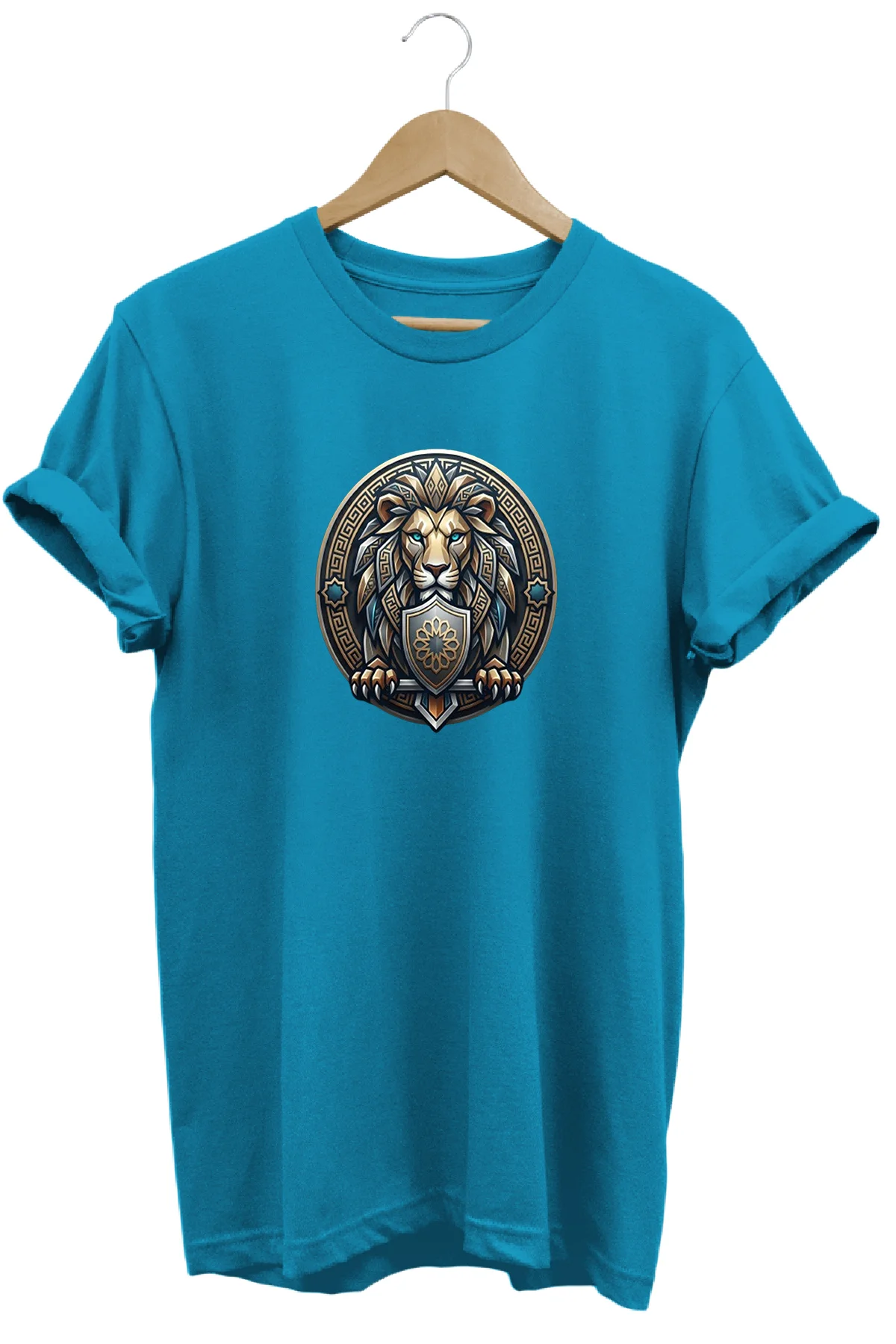 Unisex Özel Tasarım Aslan Ve Kalkan Baskılı Tişört T-shirt