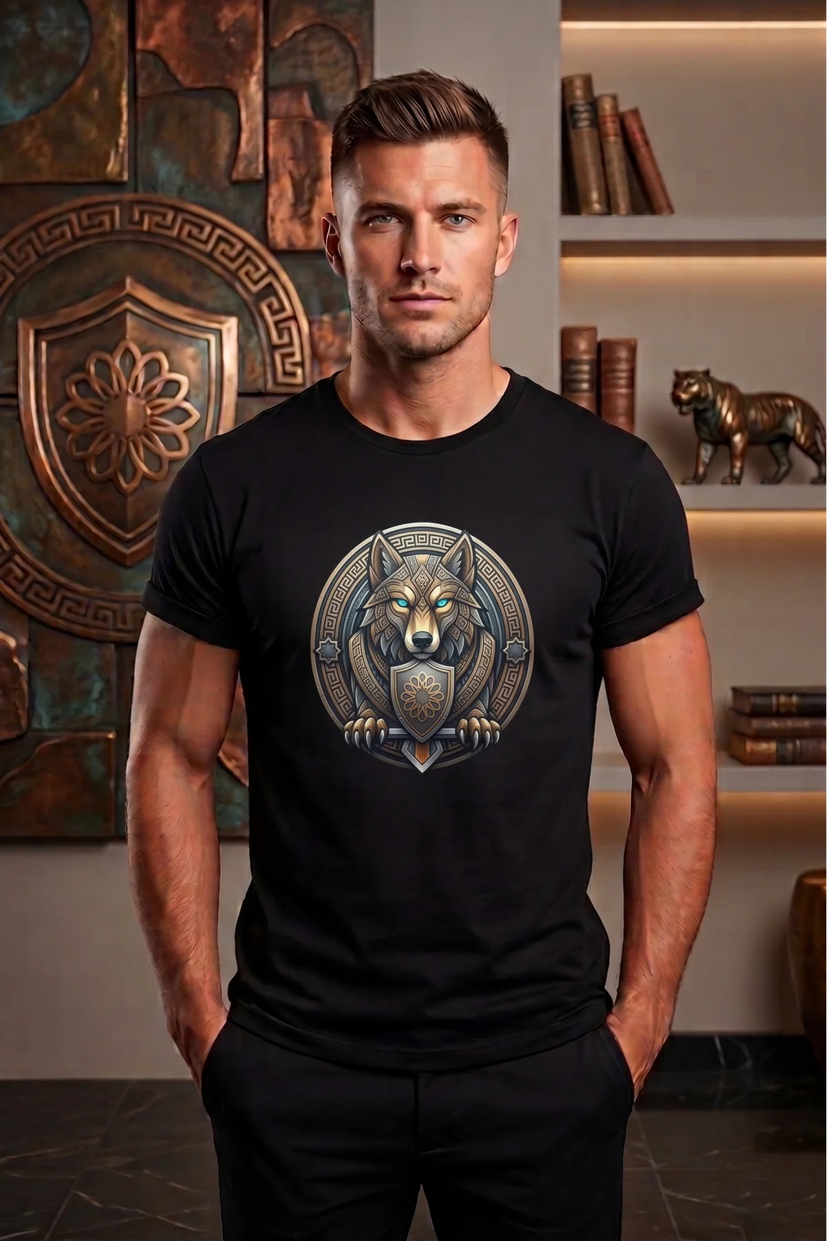Unisex Özel Tasarım Kurt Ve Kalkan Baskılı Tişört T-shirt