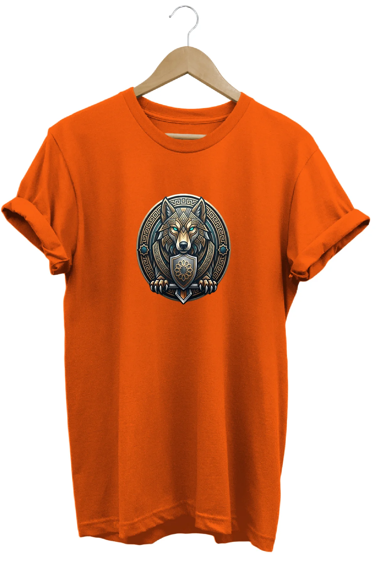Unisex Özel Tasarım Kurt Ve Kalkan Baskılı Tişört T-shirt