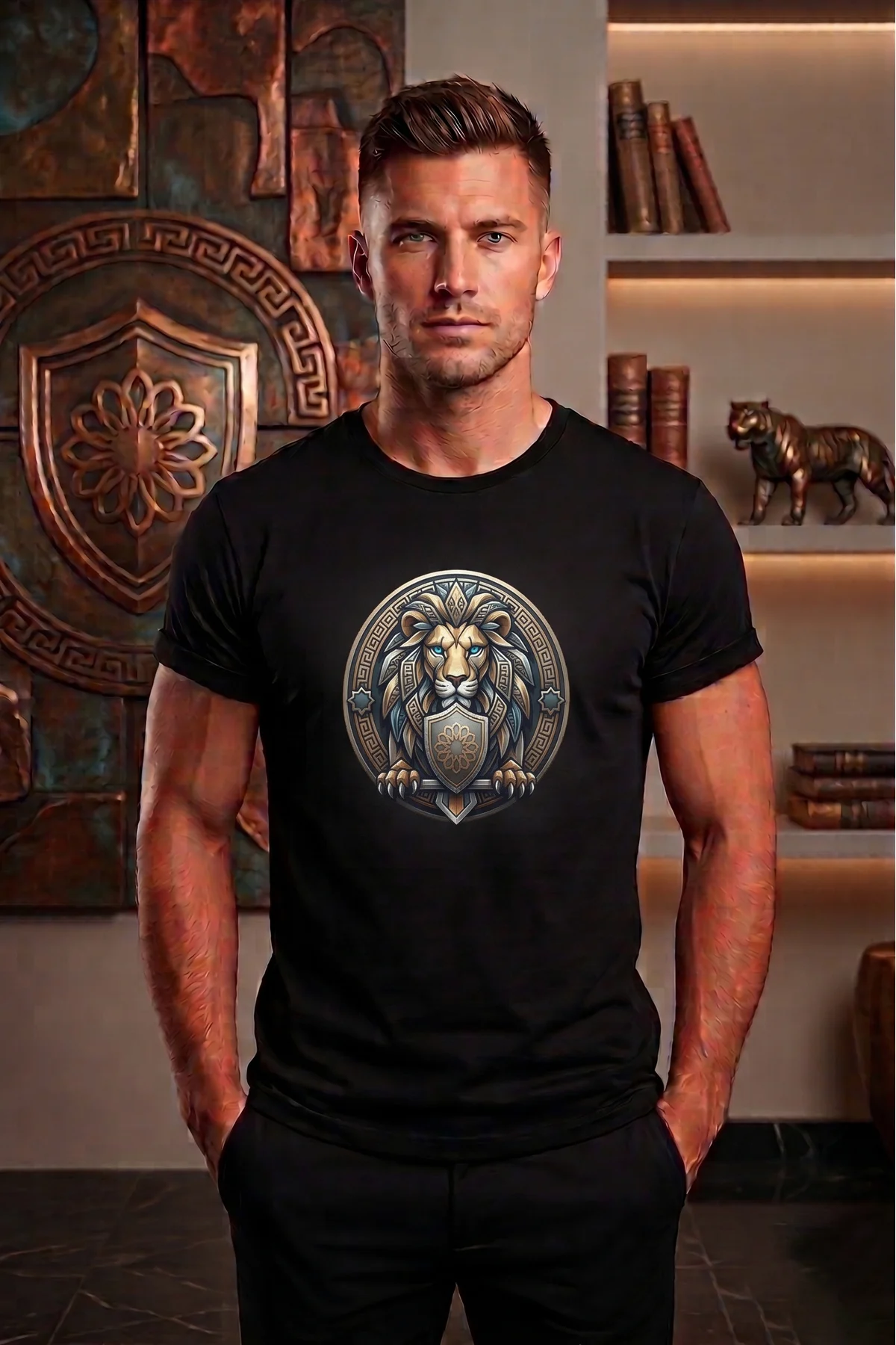Unisex Özel Tasarım Aslan Ve Kalkan Baskılı Tişört T-shirt